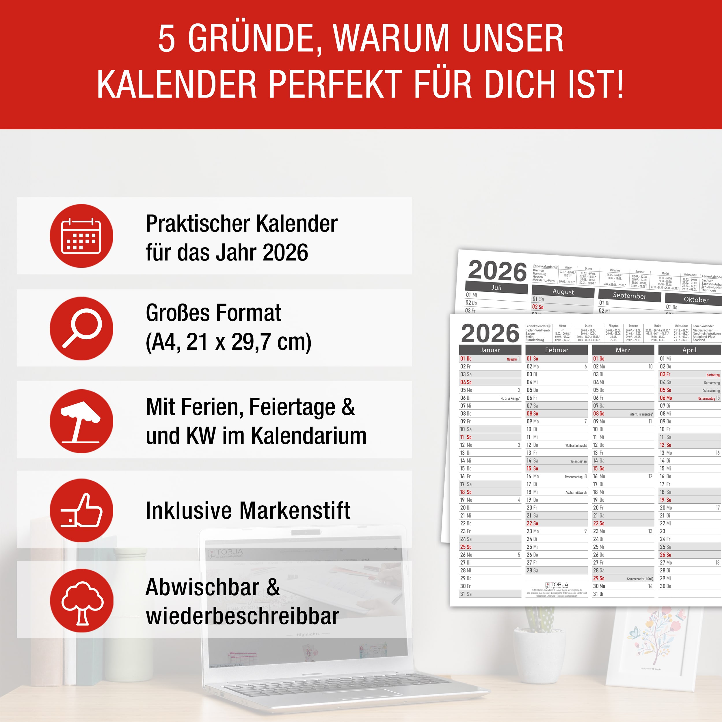 Abwischbarer A4 Tafelkalender 2026 "Grau" Kalender inkl 1 Stift Abwischbarer A4 Tafelkalender 2026 "Grau" Kalender inkl 1 Stift
