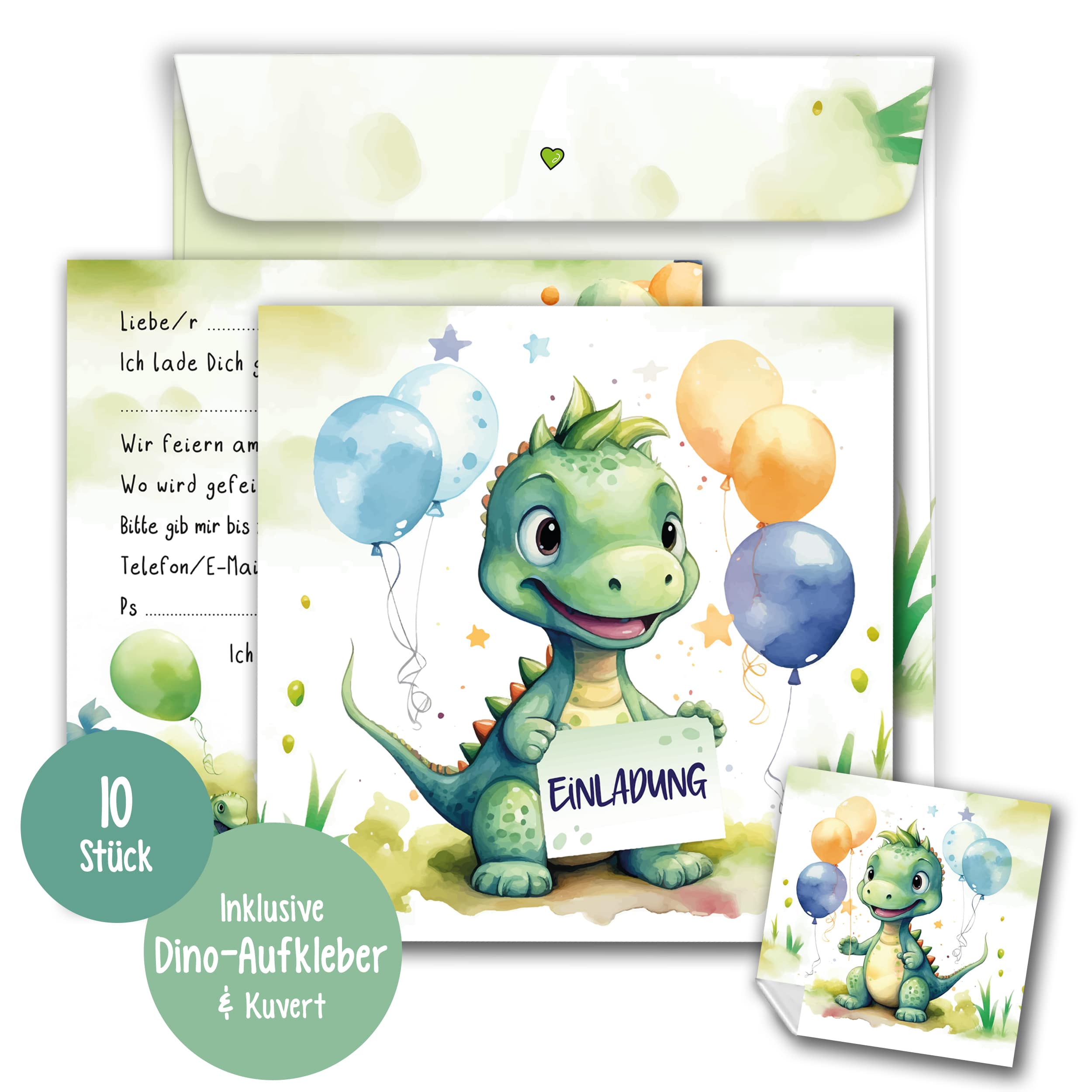 Einladungskarten Dino inkl. Sticker 10er Set