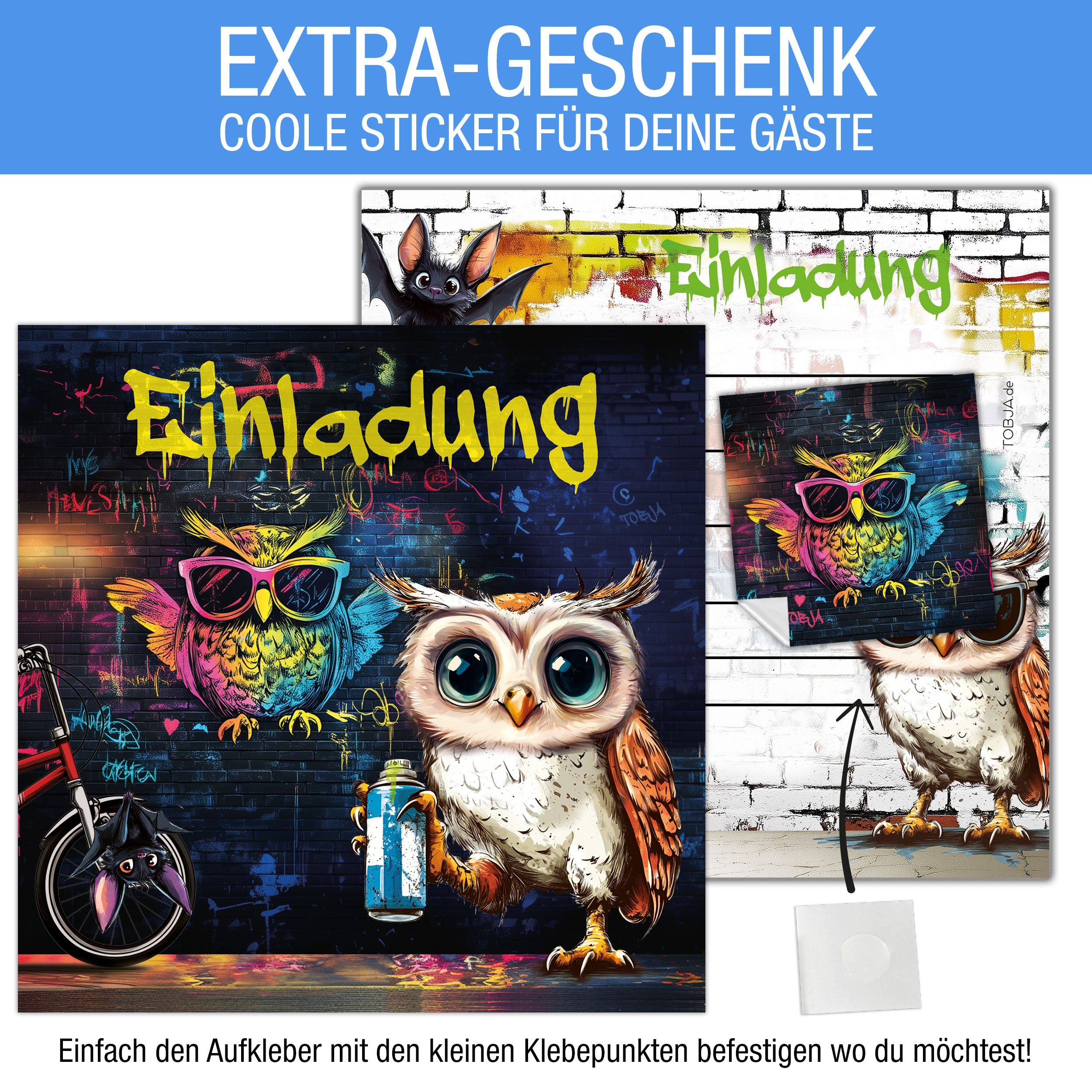 Einladungskarten Eule Graffiti inkl. Sticker 10er Set