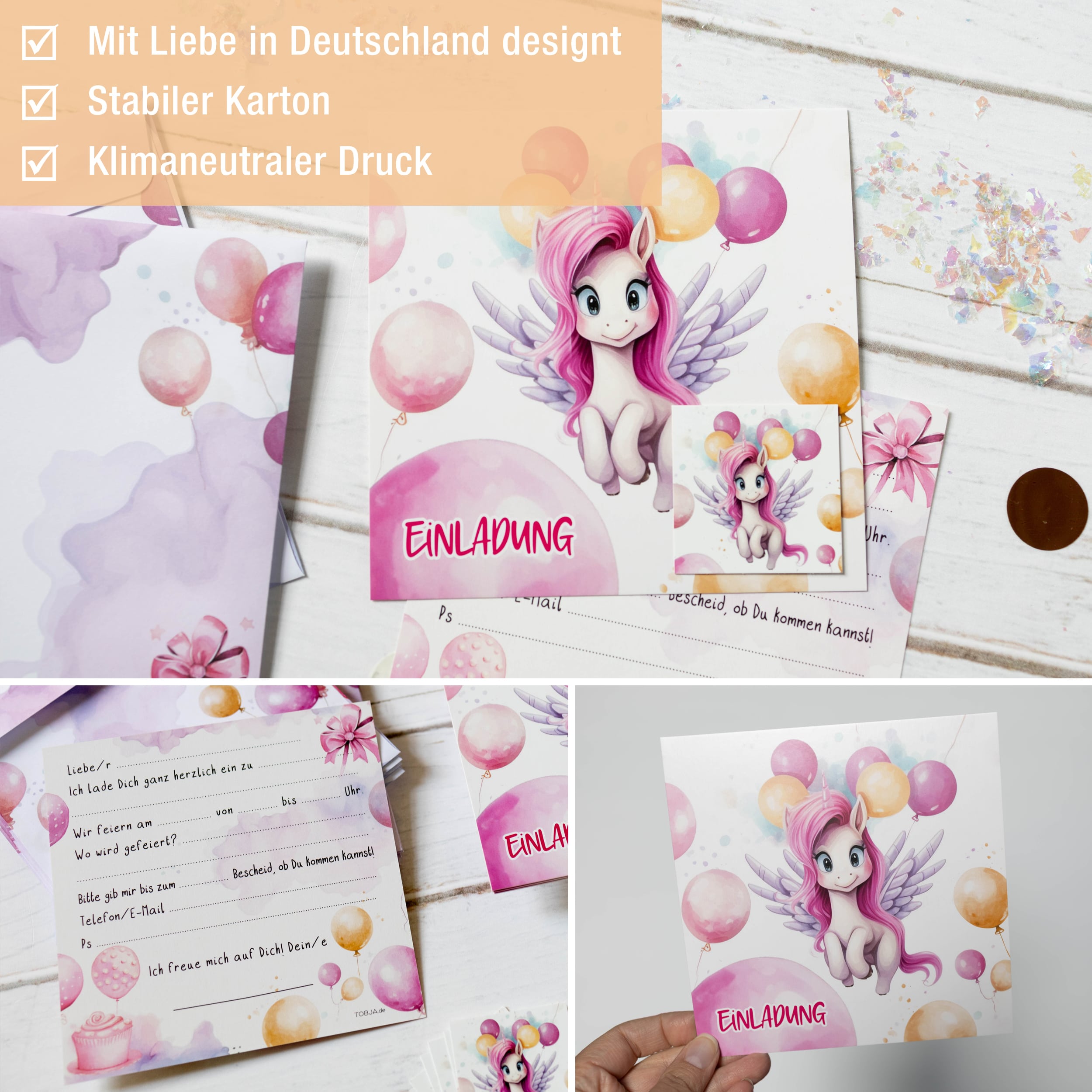 Einladungskarten Einhorn inkl. Sticker 10er Set