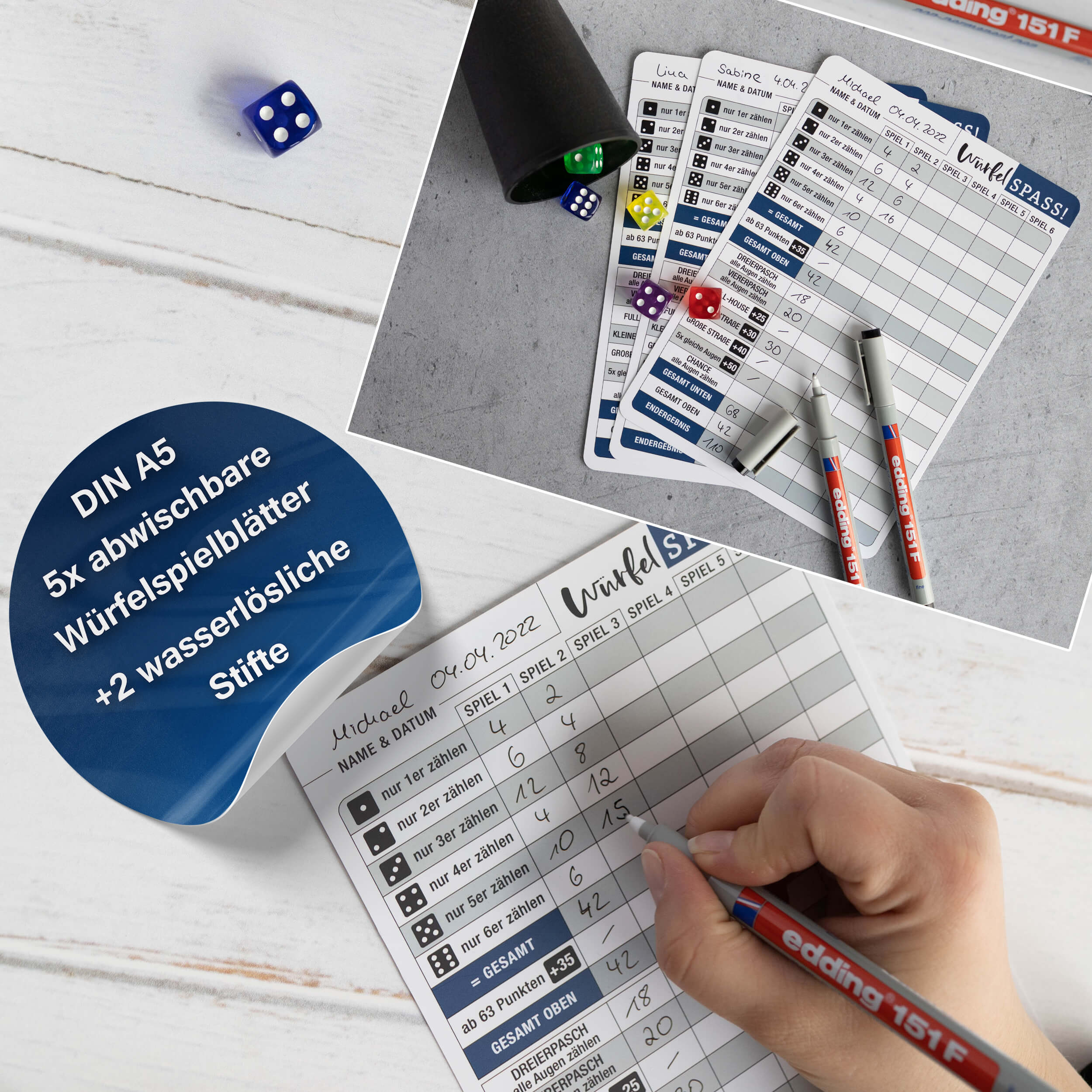 Würfelspiel 5er Set abwischbar "re-use"