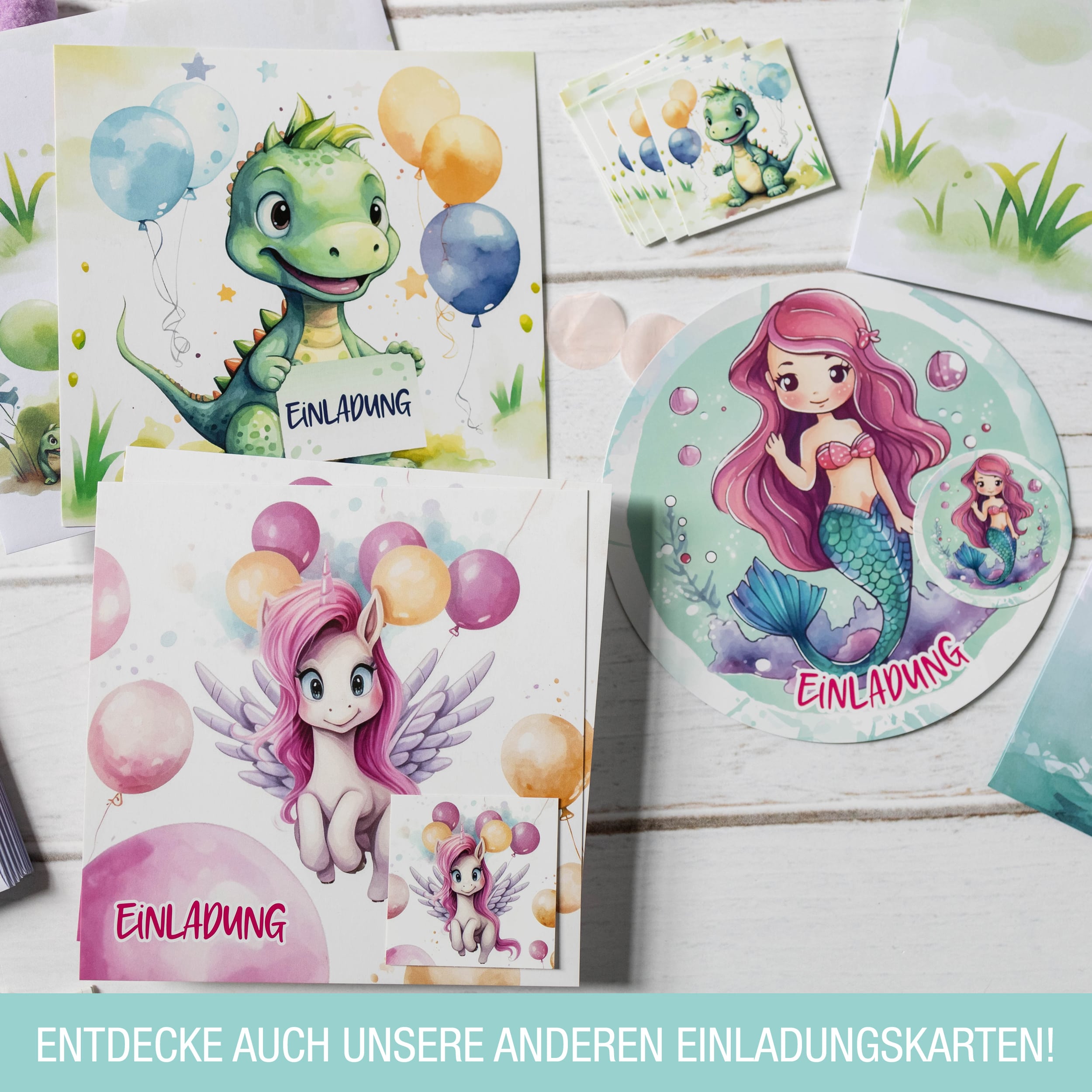 Einladungskarten Meerjungfrau inkl. Sticker 10er Set XXL Meerjungfrau Einladungskarten für Kindergeburtstag