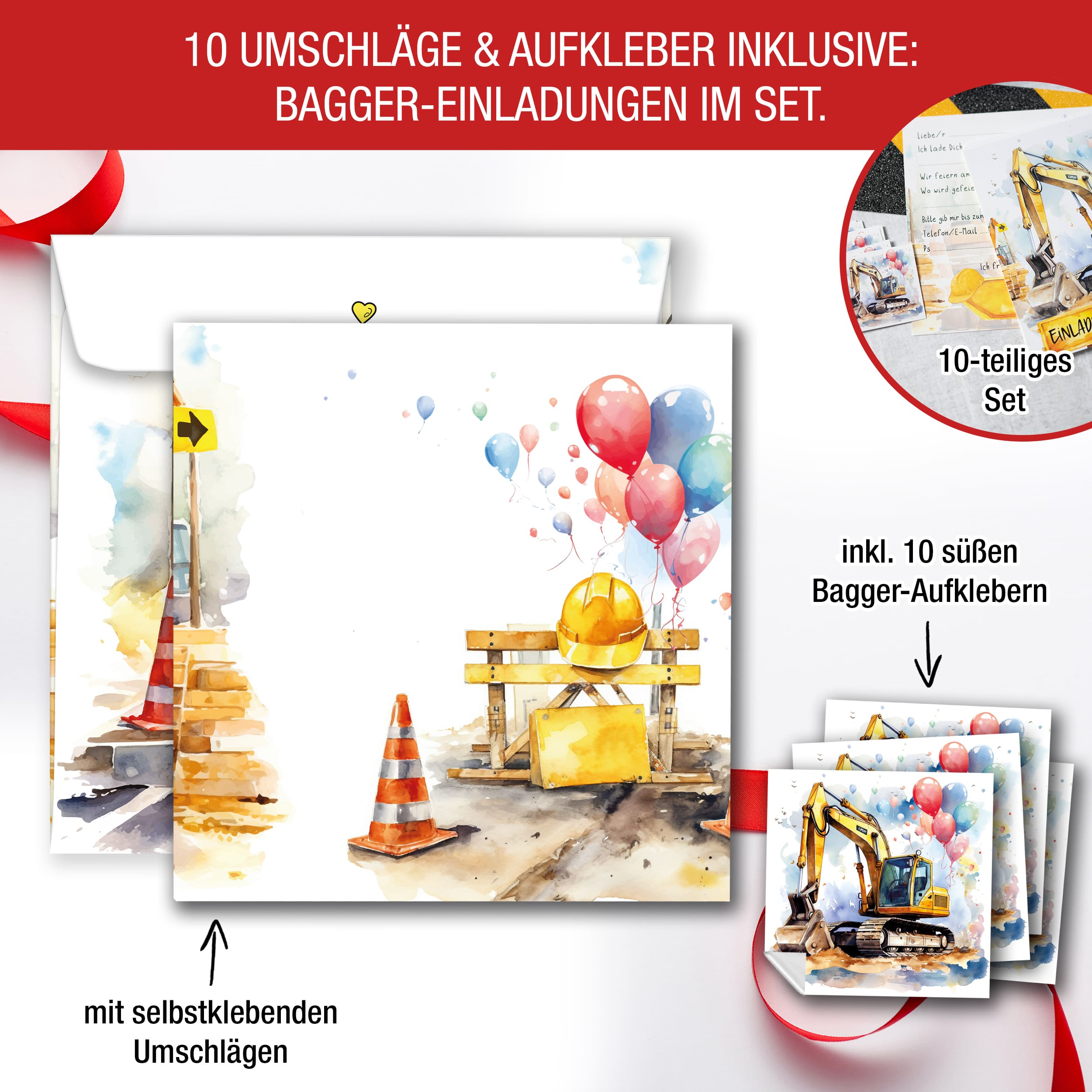 Einladungskarten Bagger inkl. Sticker 10er Set Einladungskarten Bagger inkl. Sticker 10er Set