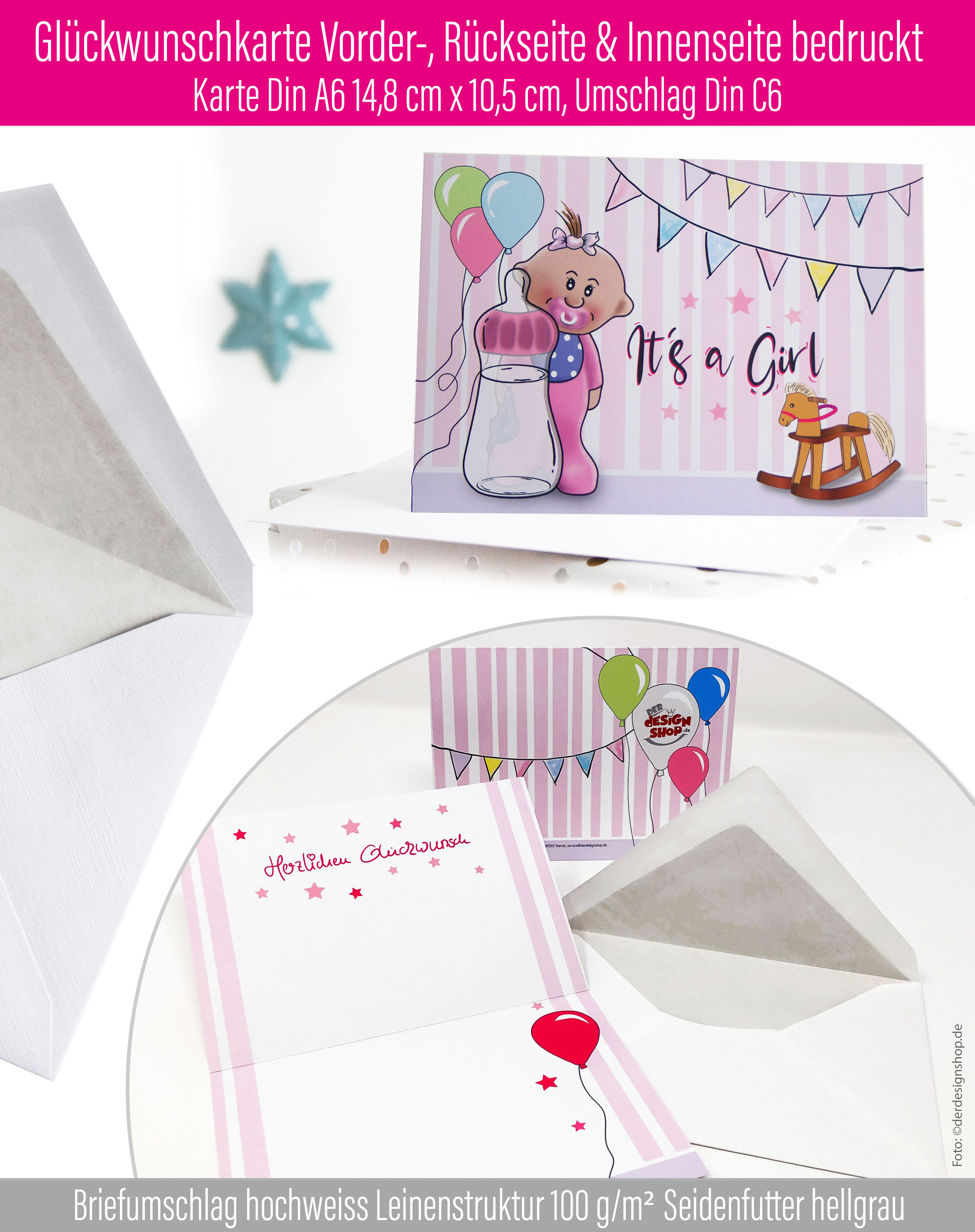 Glückwunschkarte zur Geburt eines Mädchens "Girl" inkl. Umschlag