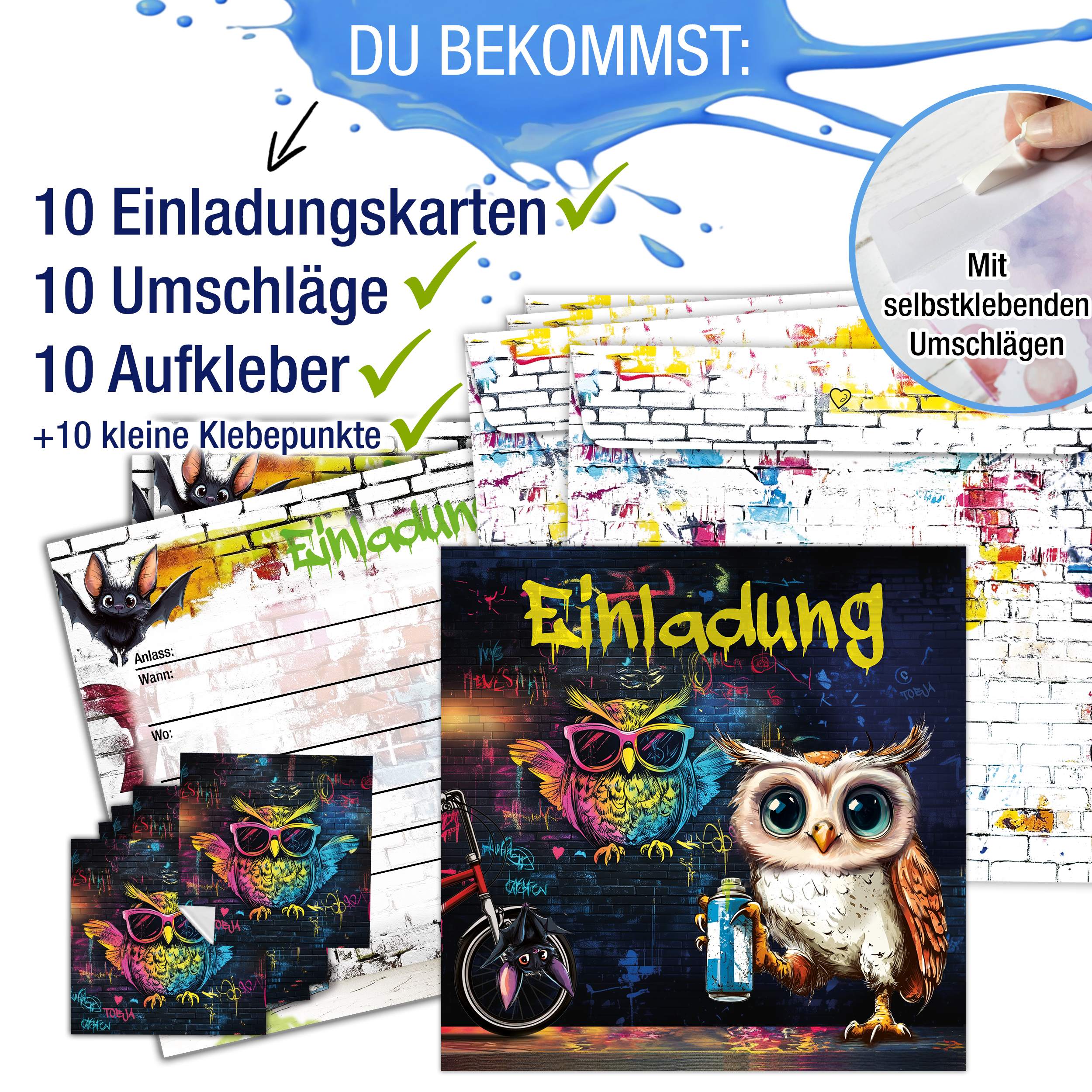 Einladungskarten Eule Graffiti inkl. Sticker 10er Set