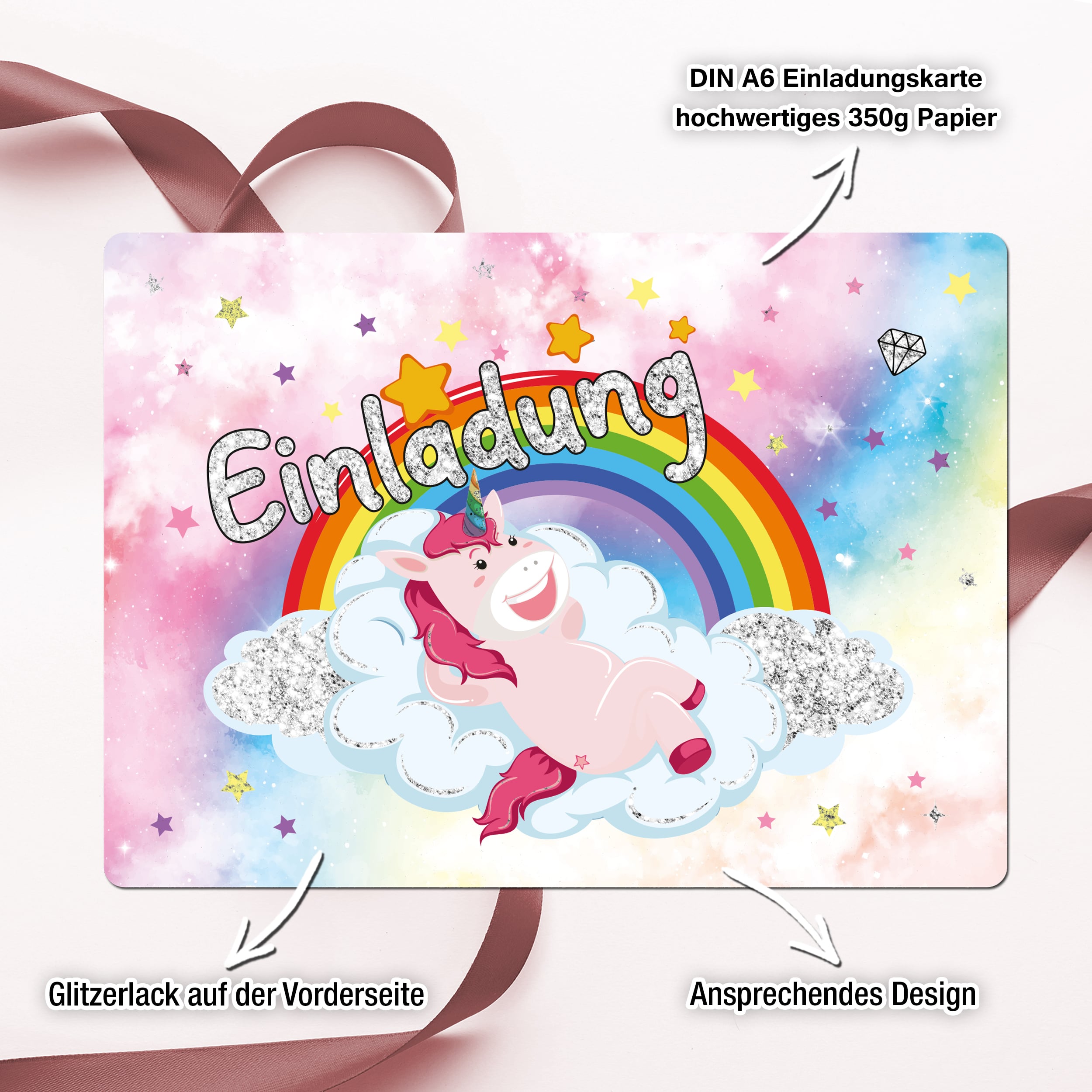 12 Einladungskarten Kindergeburtstag "Glitzer Einhorn" 12 Einladungskarten inkl. Umschläge "Einhorn Party"