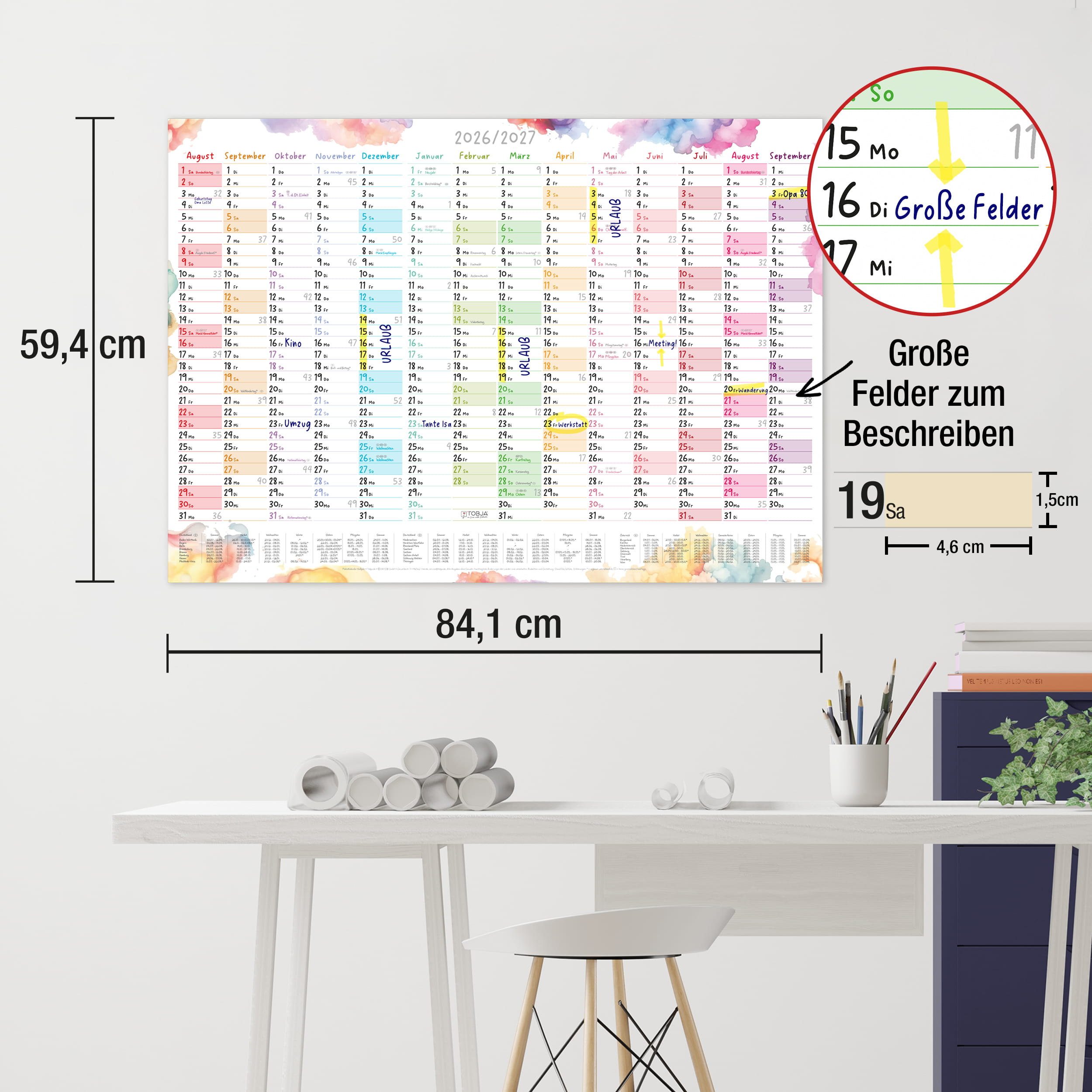 Schuljahreskalender A1 2026/2027 „Aquarell Splash"