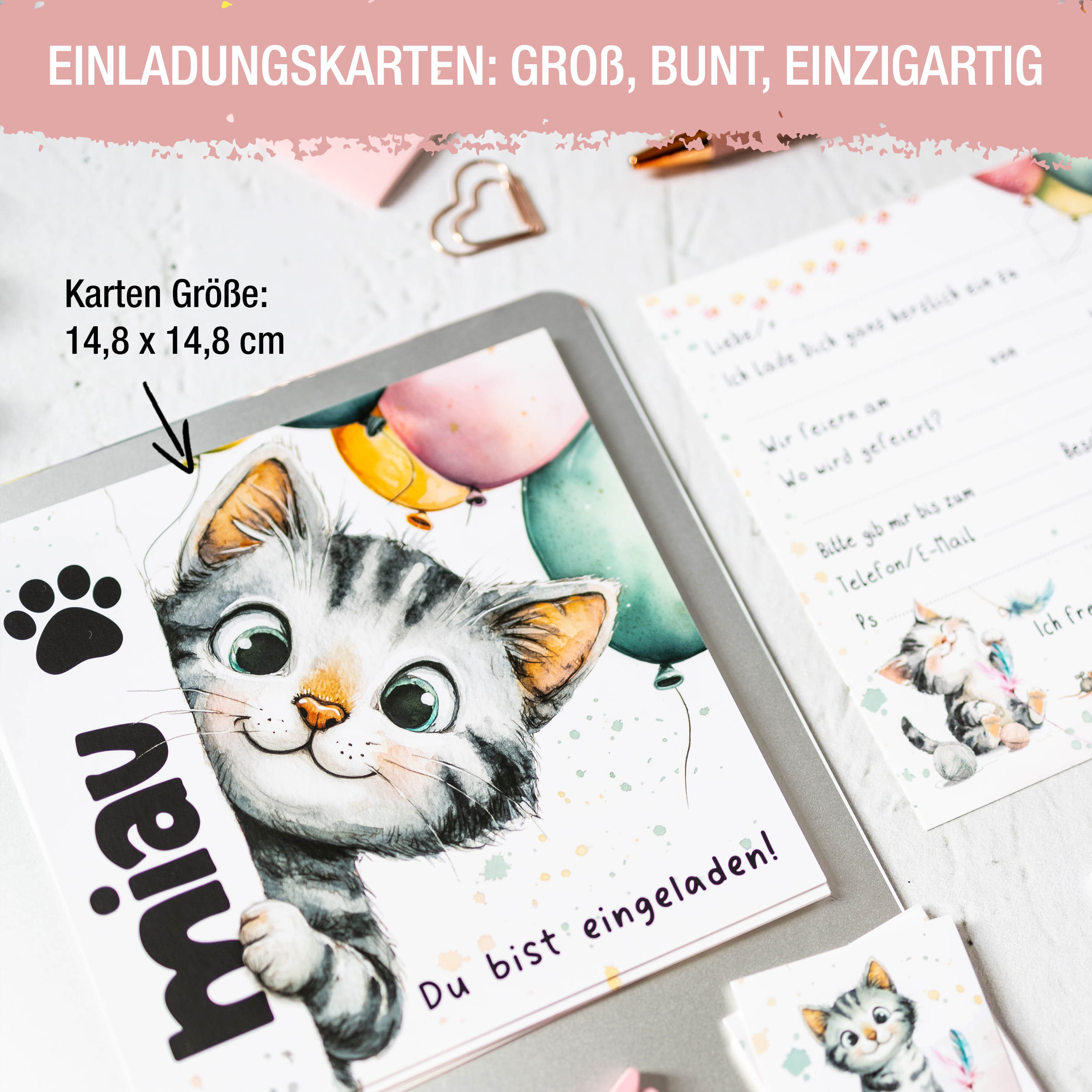 XXL Einladungskarten Katze – 10er-Set mit Stickern