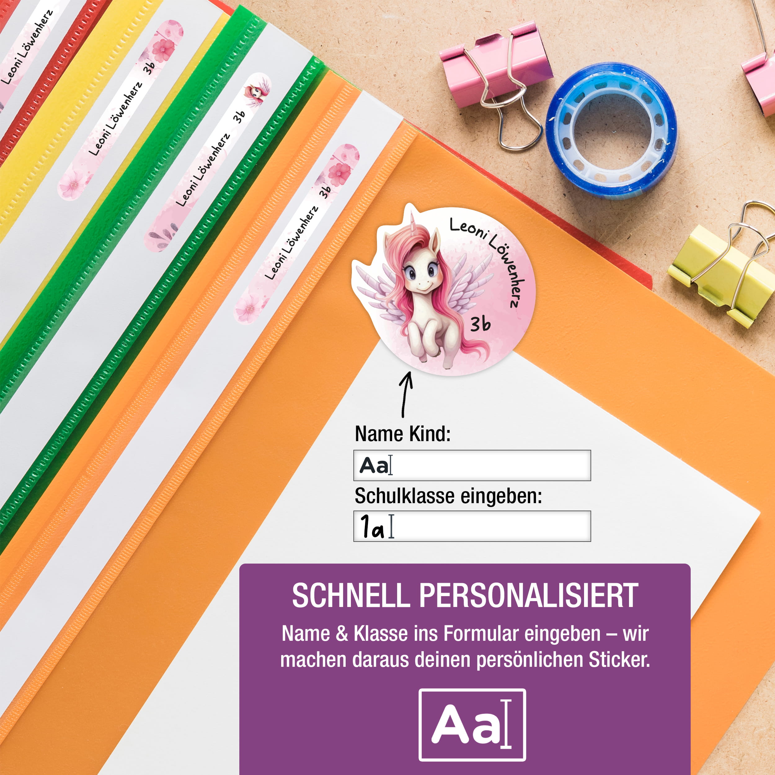 Namensaufkleber Kinder Schule personalisiert Alicorn