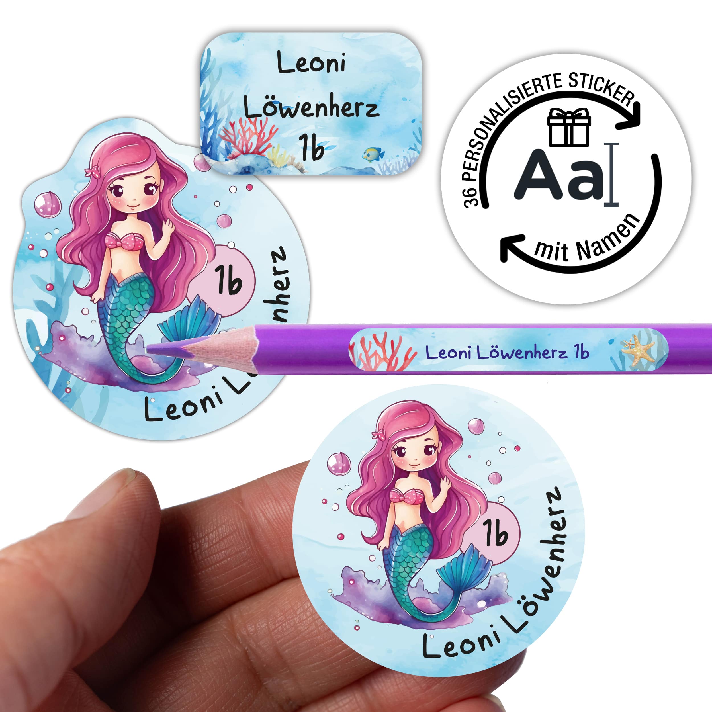 Sticker Set Meerjungfrau Grundschule personalisiert Name