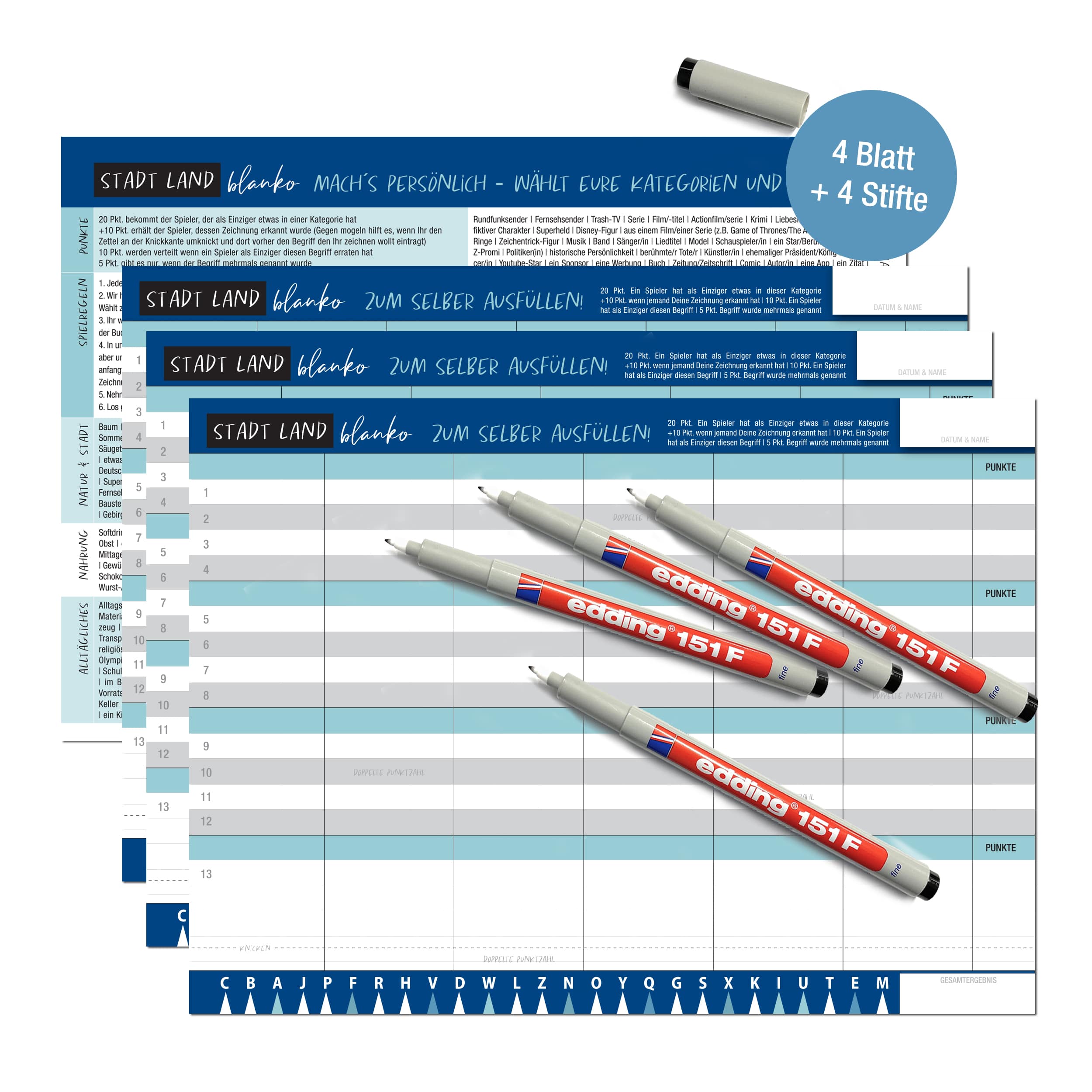 Stadt Land Fluss Blanko wiederverwendbar 4 Spieler