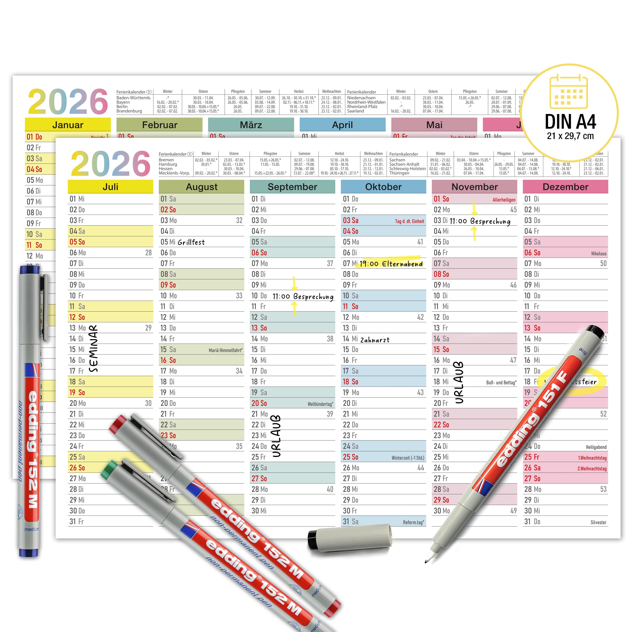 Abwischbarer A4 Tafelkalender 2026 "Bunt" 