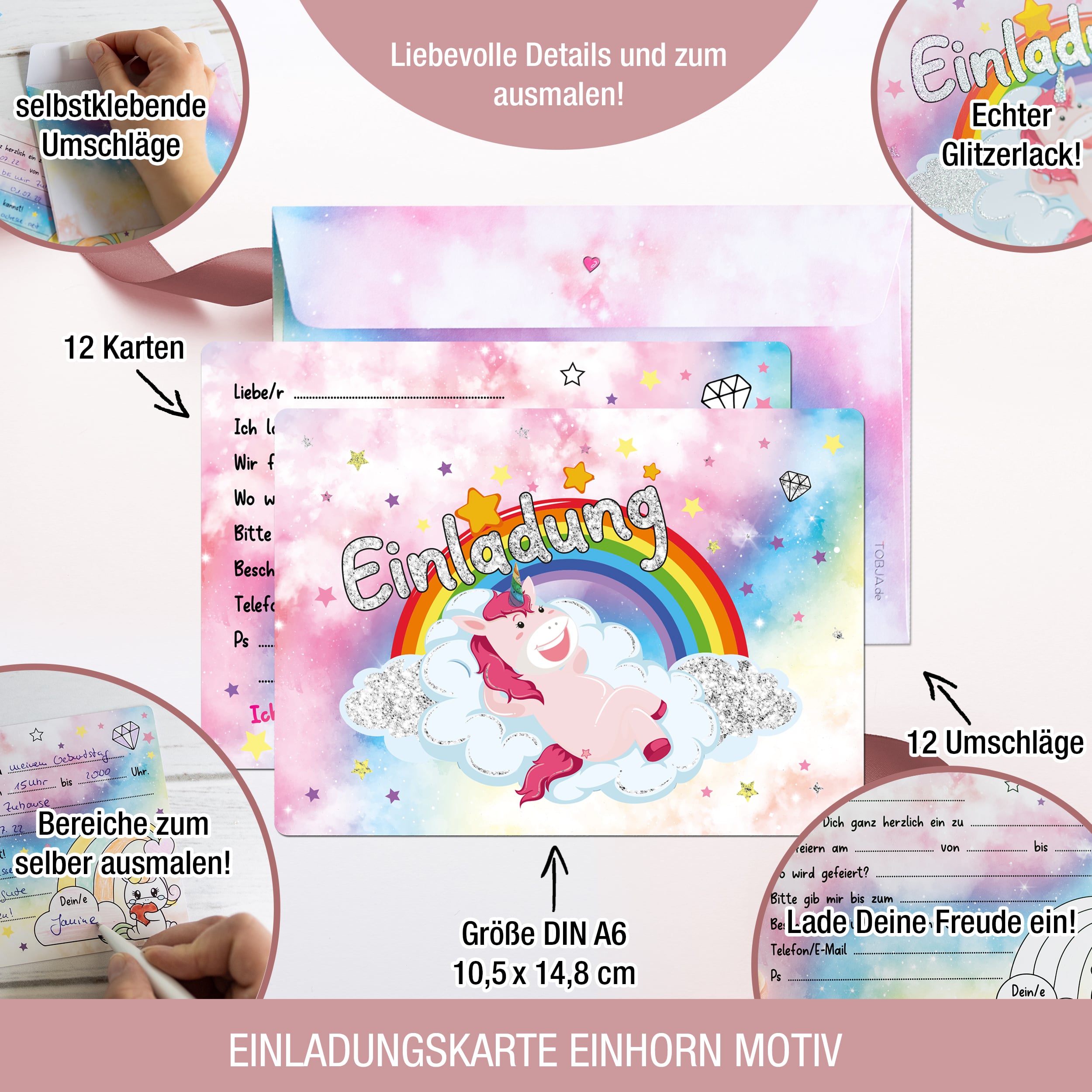 12 Einladungskarten inkl. Umschläge "Einhorn Party"