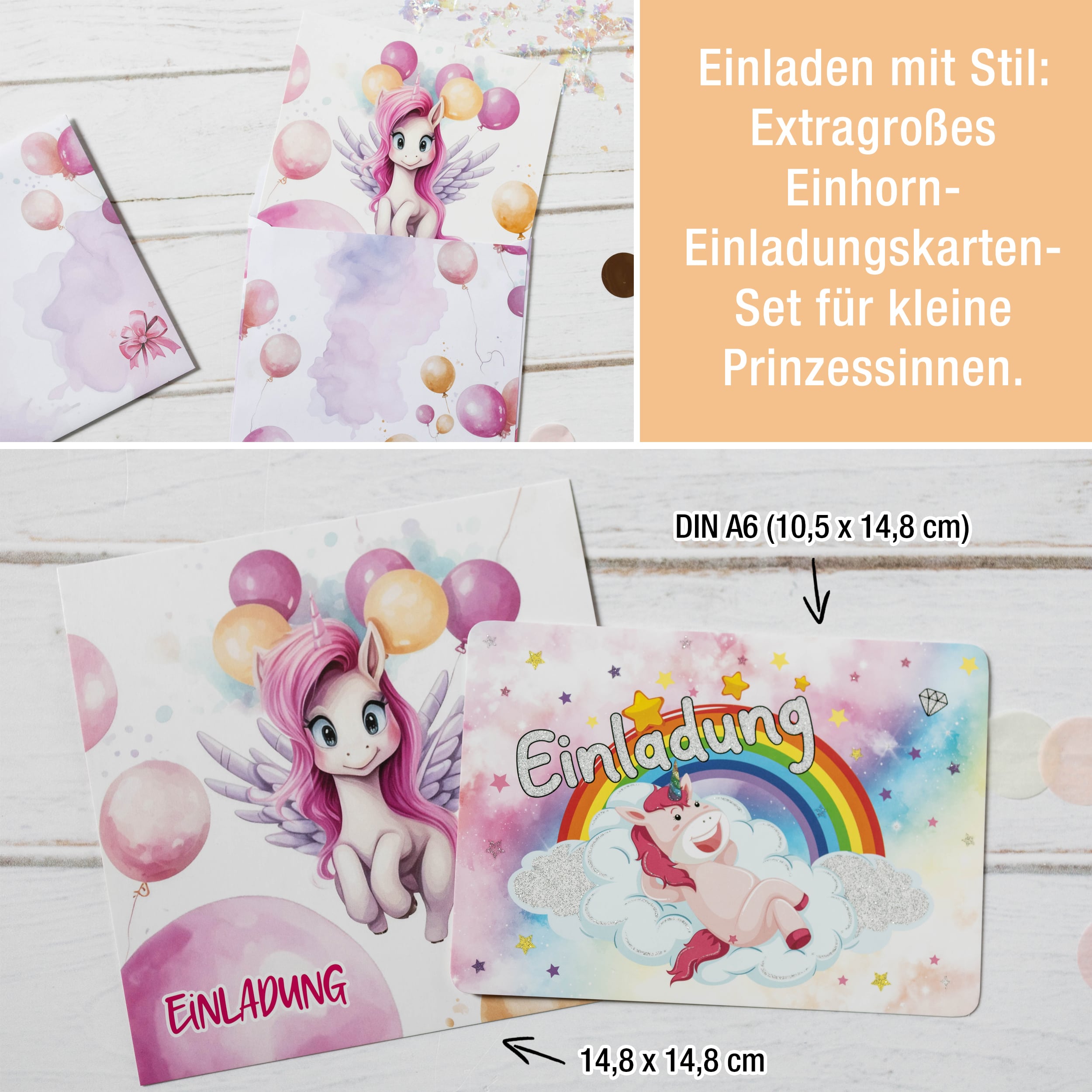 Einladungskarten Einhorn inkl. Sticker 10er Set