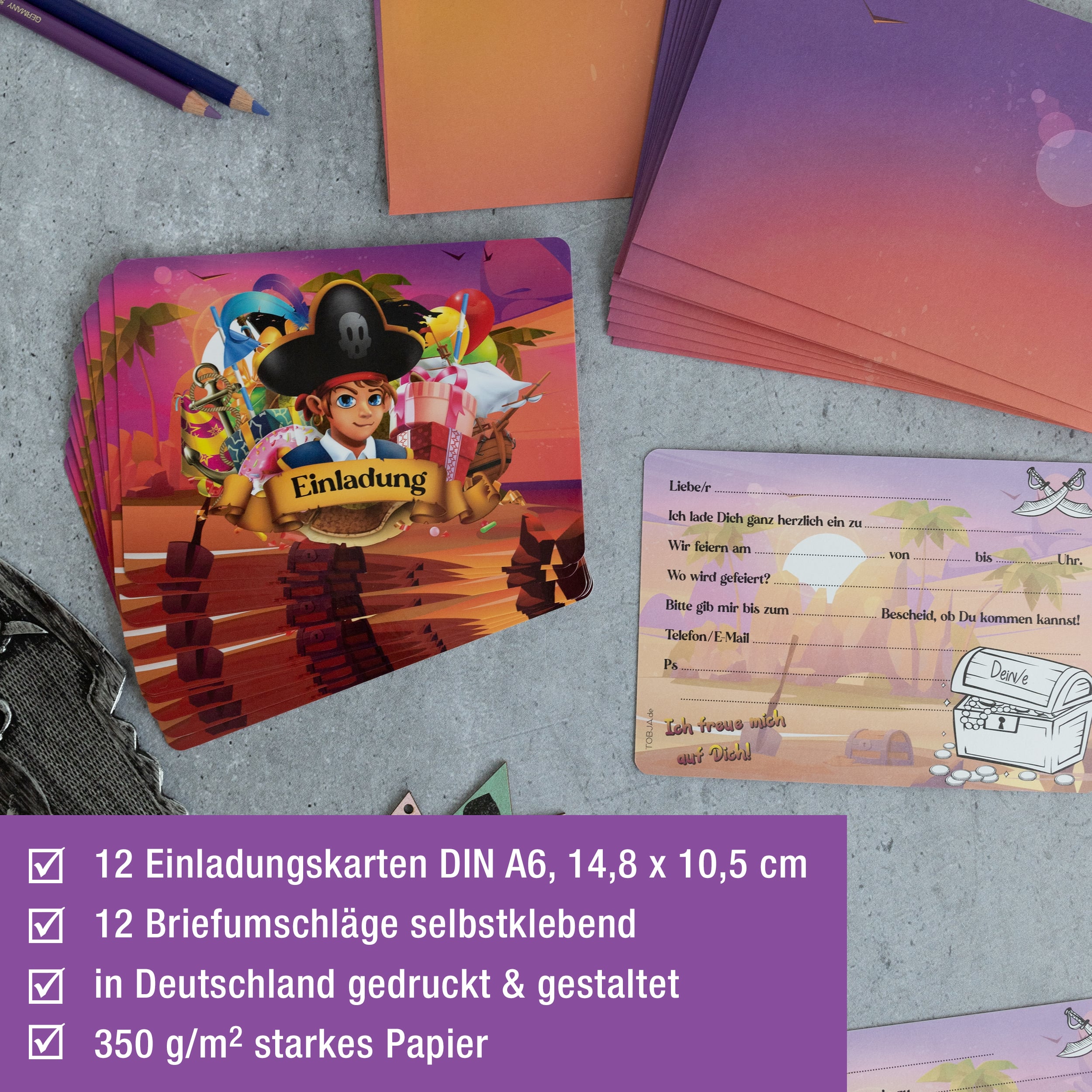 12 Einladungskarten inkl. Umschläge "Piraten Party"