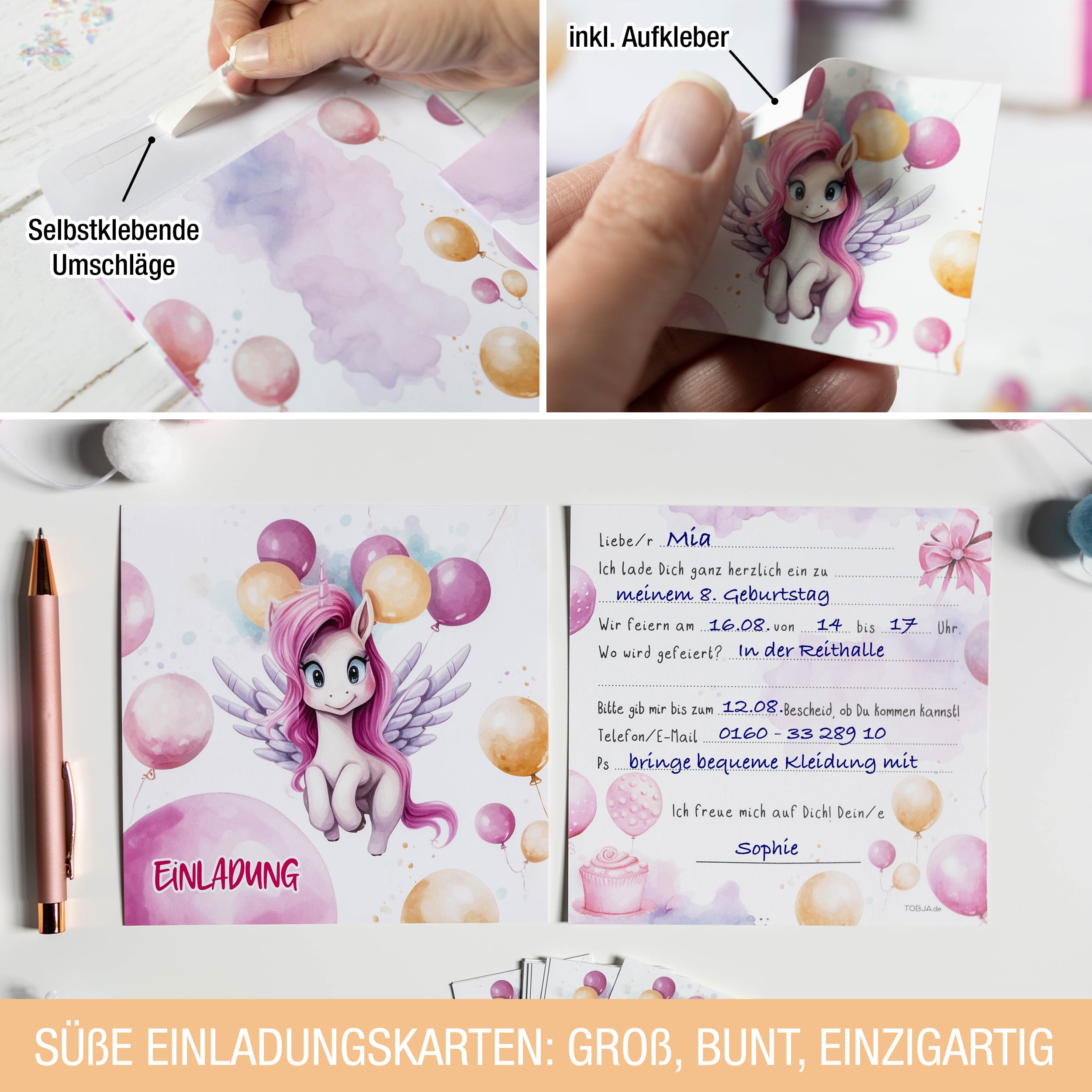 Einladungskarten Einhorn inkl. Sticker 10er Set