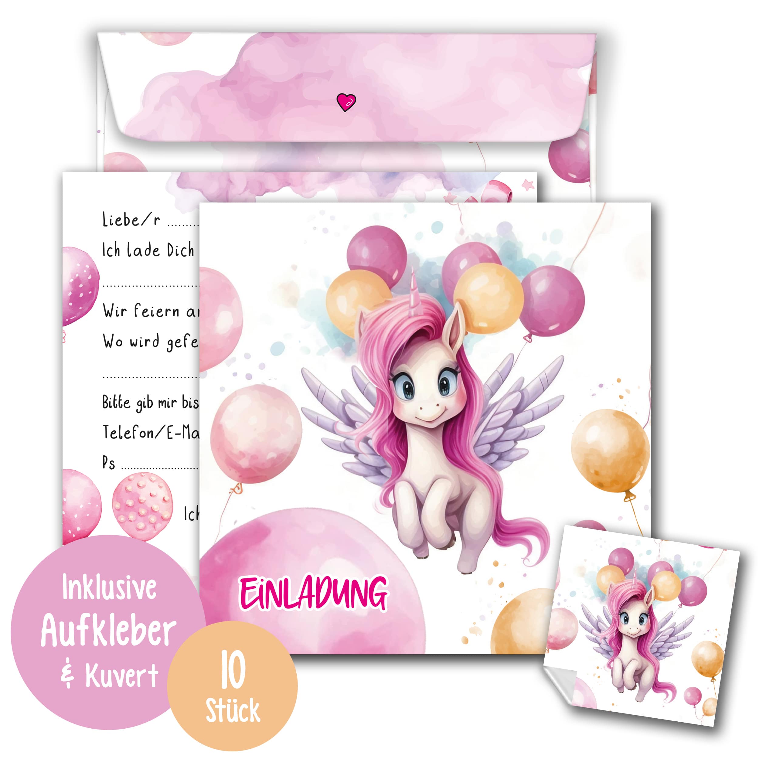 Einladungskarten Einhorn inkl. Sticker 10er Set