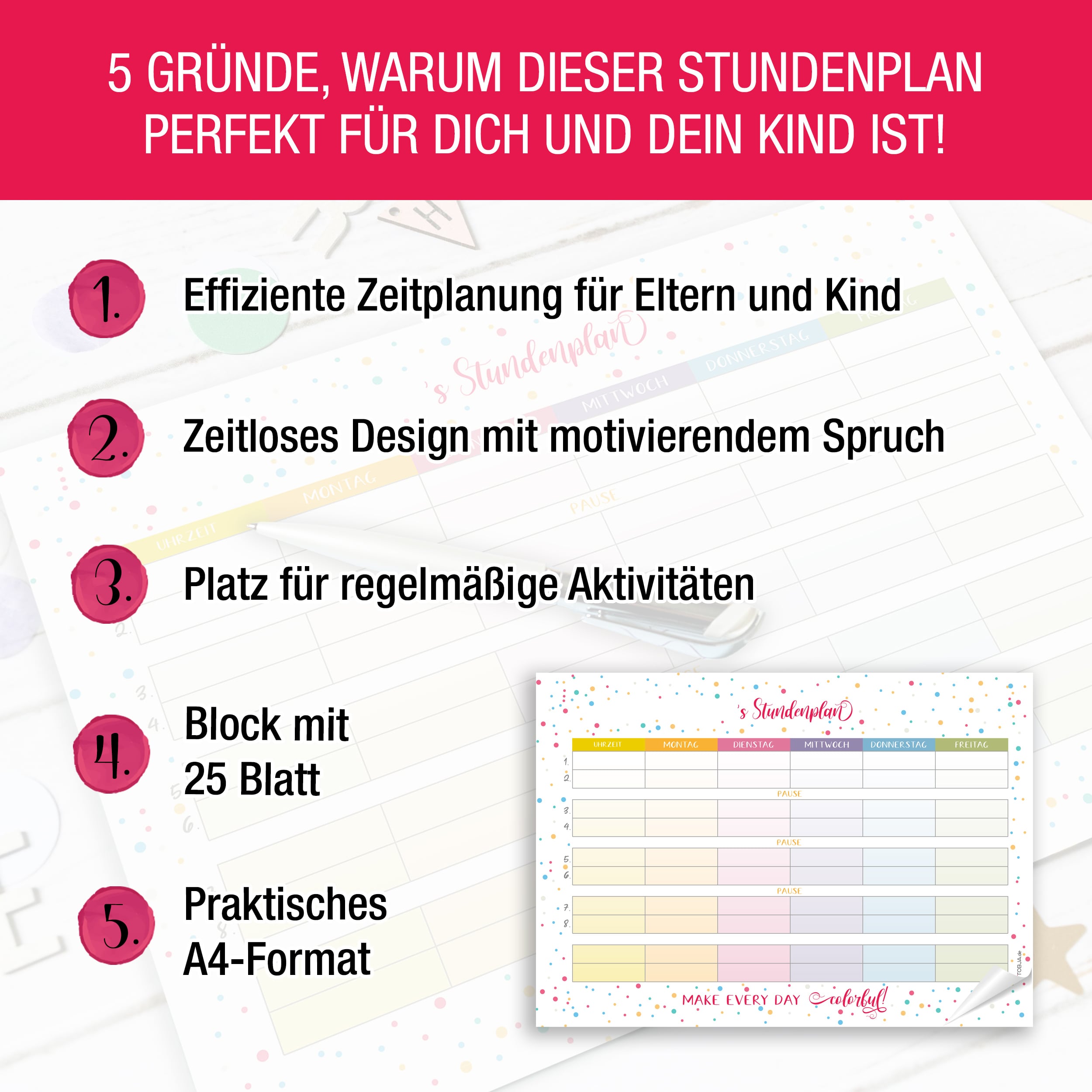 Stundenplan Block "Dots" Bunt