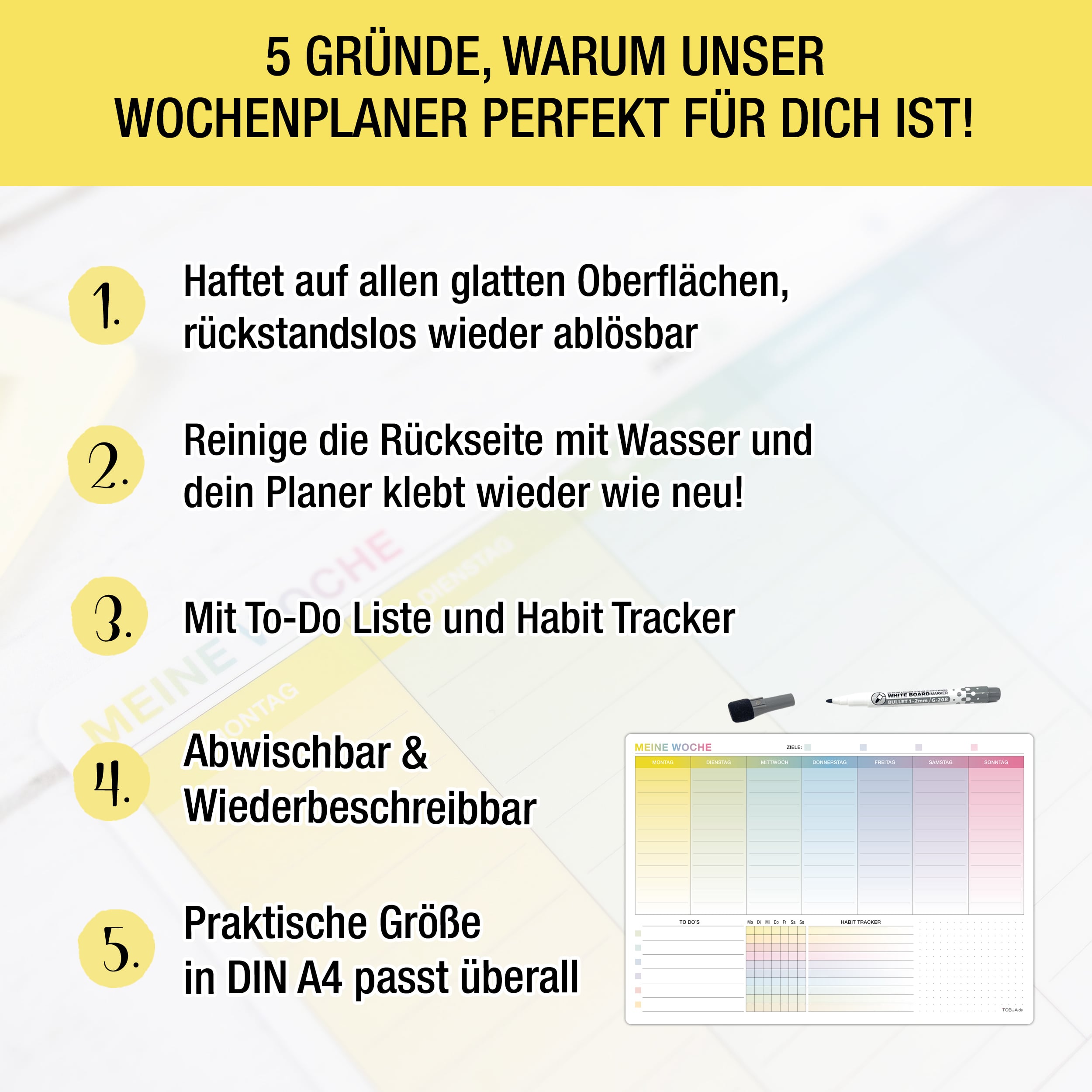 A4 Whiteboard Wochenplaner, selbstklebend inkl. Stift