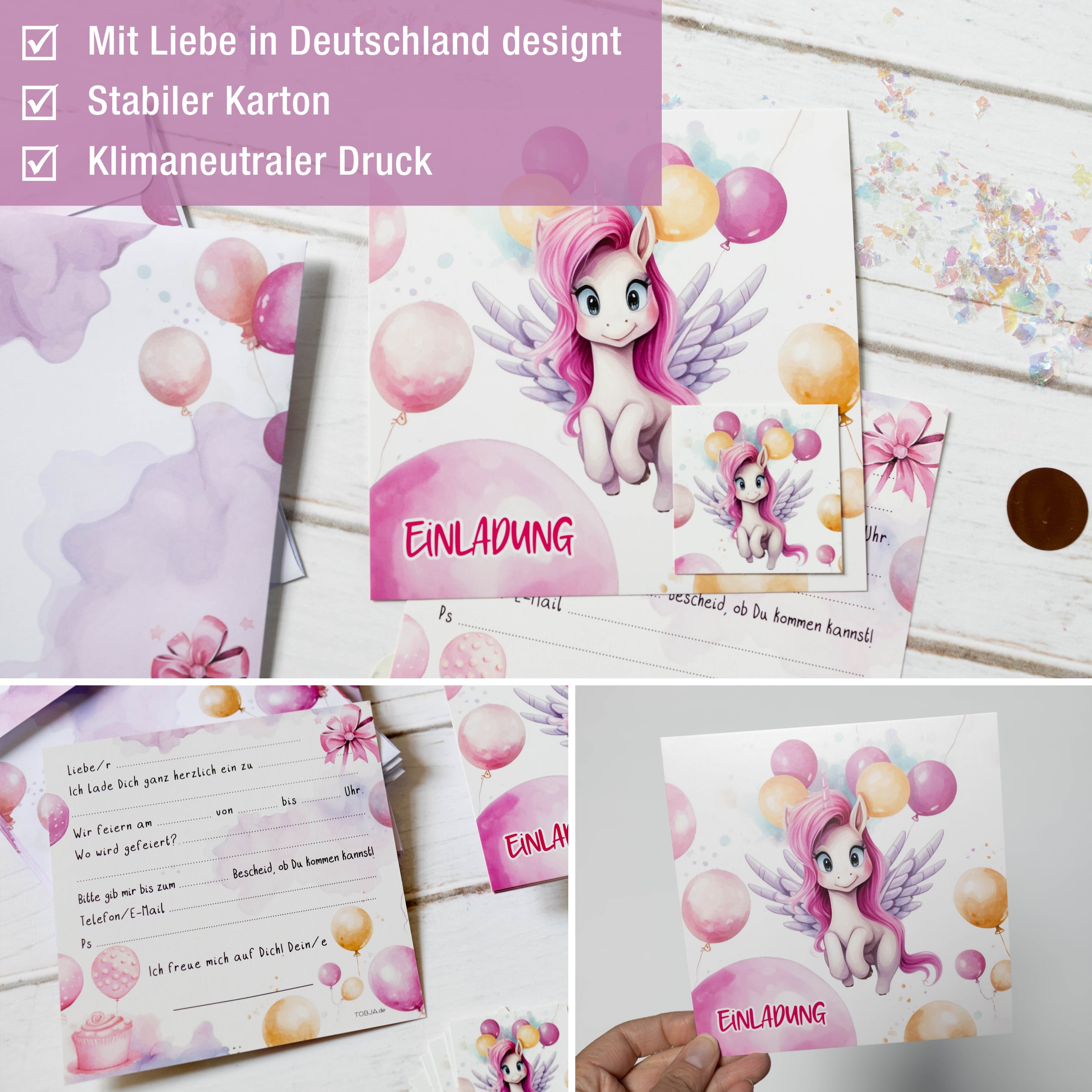 XXL Einhorn Einladungskarten für Kindergeburtstag