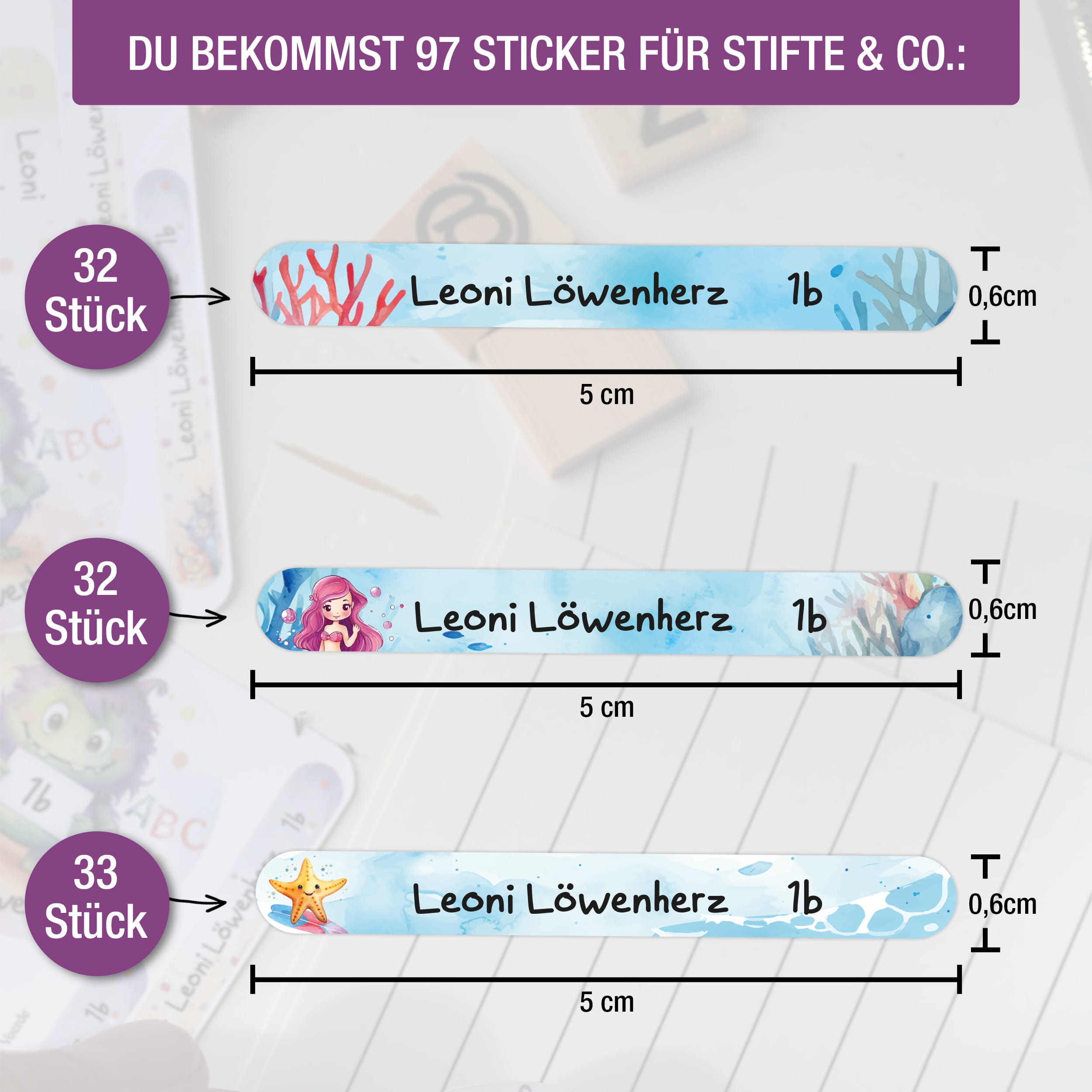 Namensaufkleber für Stifte, personalisiert Meerjungfrau