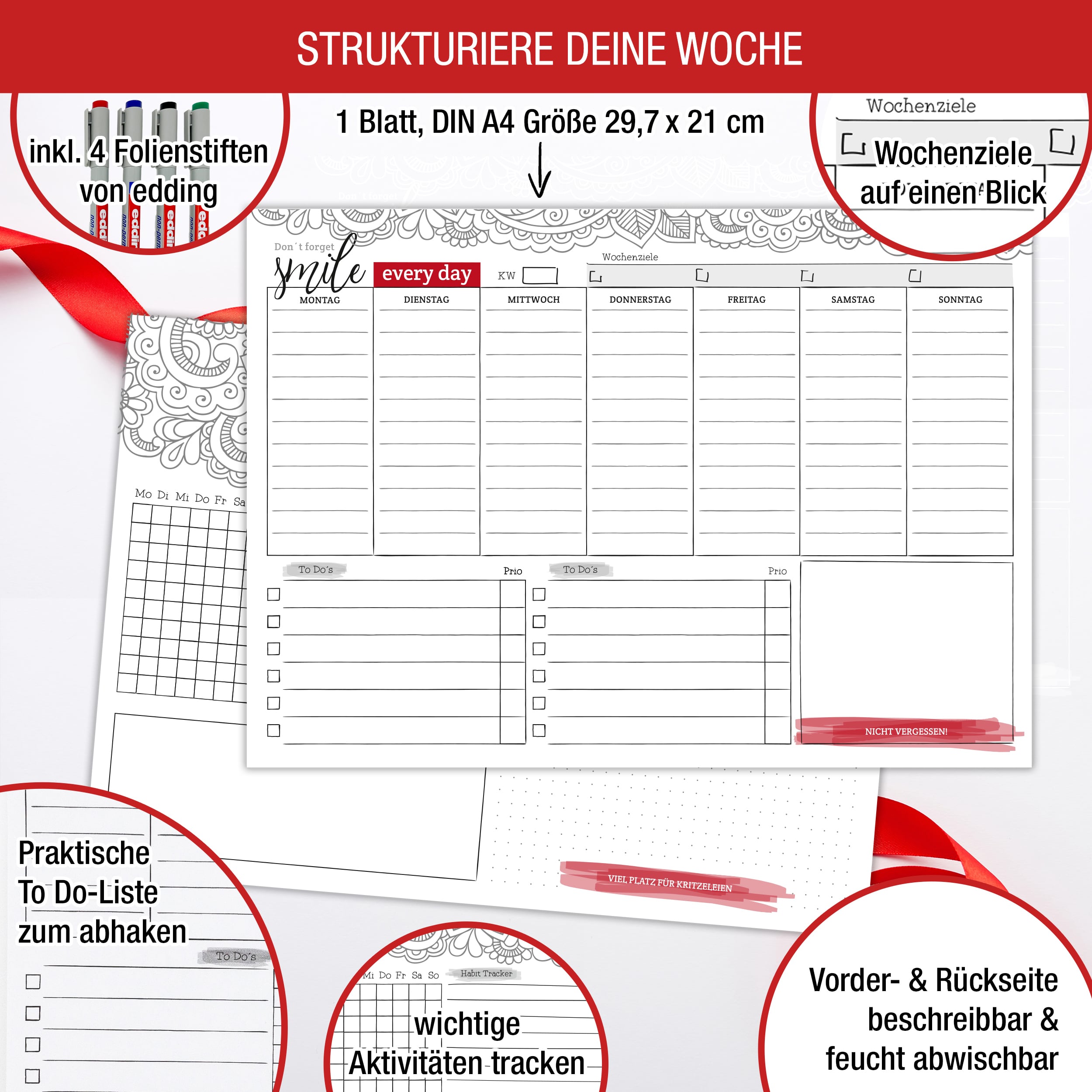 Abwischbarer Wochenplaner inkl 4 Stifte Abwischbarer Wochenplaner inkl 4 Stifte