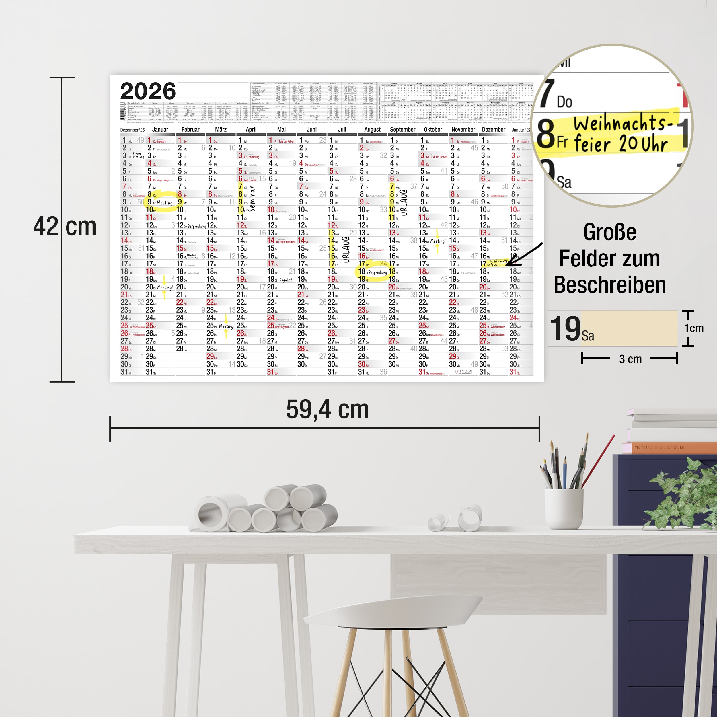 Abwischbarer Wandkalender 2025 A2 inkl. 1 Markenstift Abwischbarer Wandkalender 2026 A2 inkl. 1 Markenstift