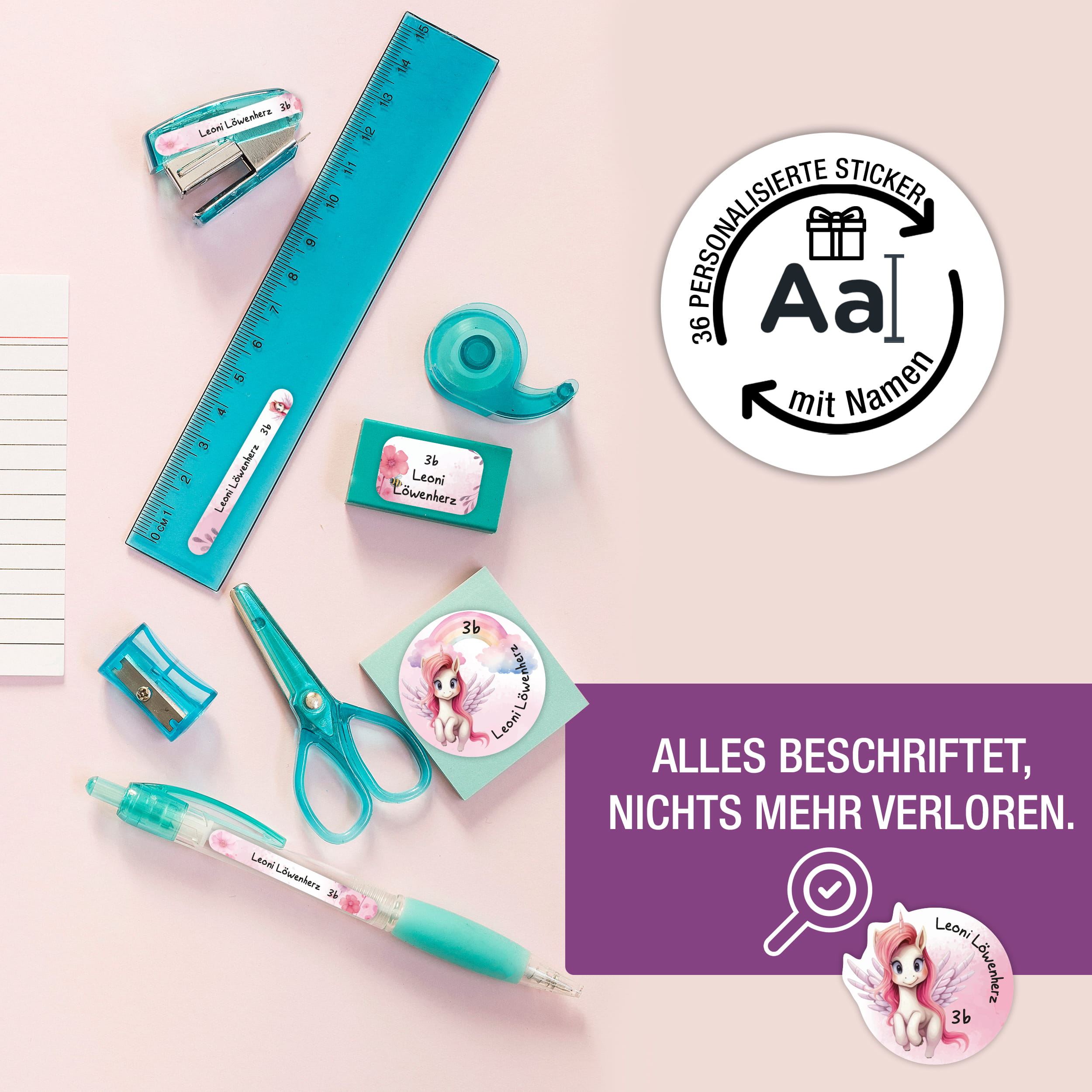 Namensaufkleber Kinder Schule personalisiert Alicorn