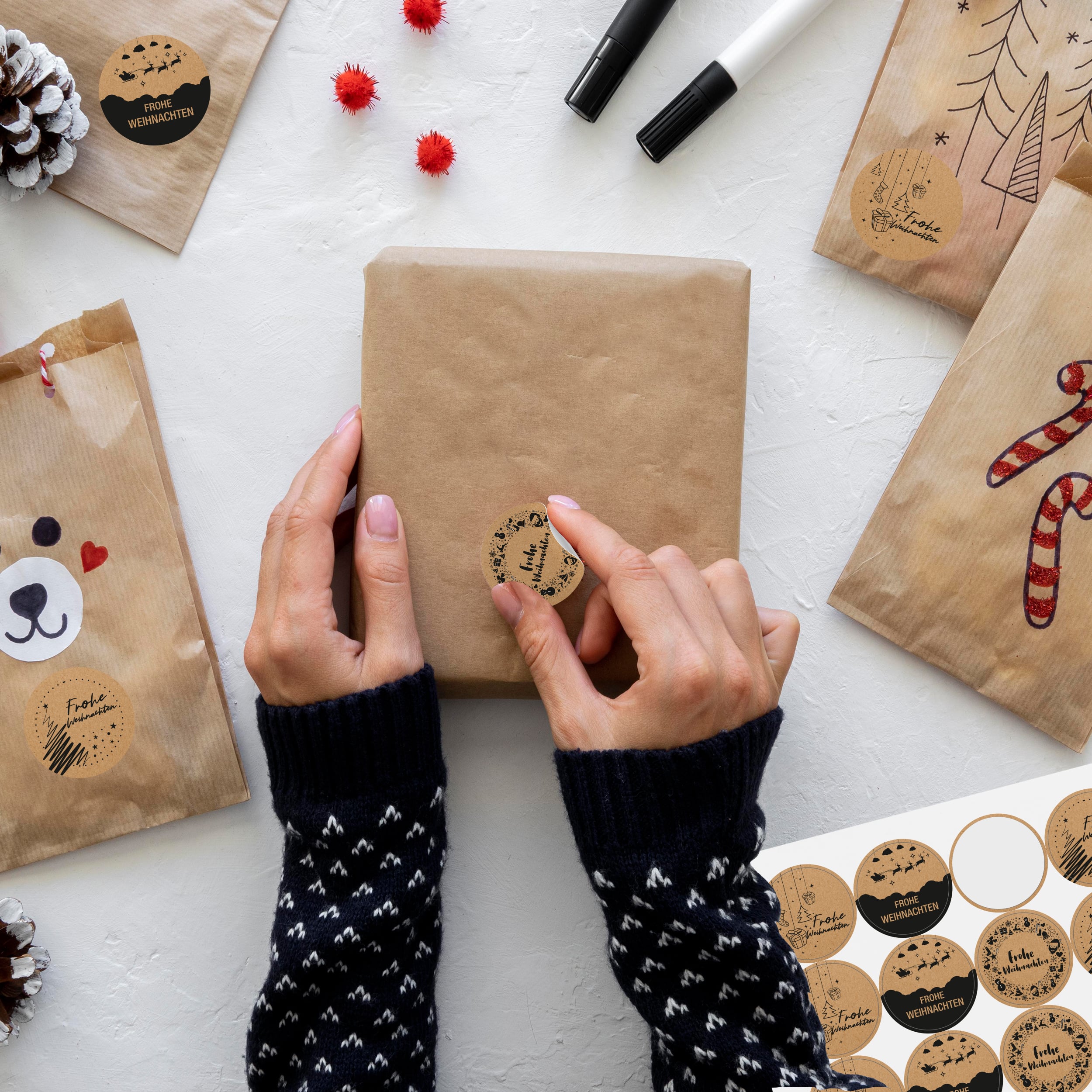 Sticker 4-er Set Bögen "Frohe Weihnachten" Kraftpapier