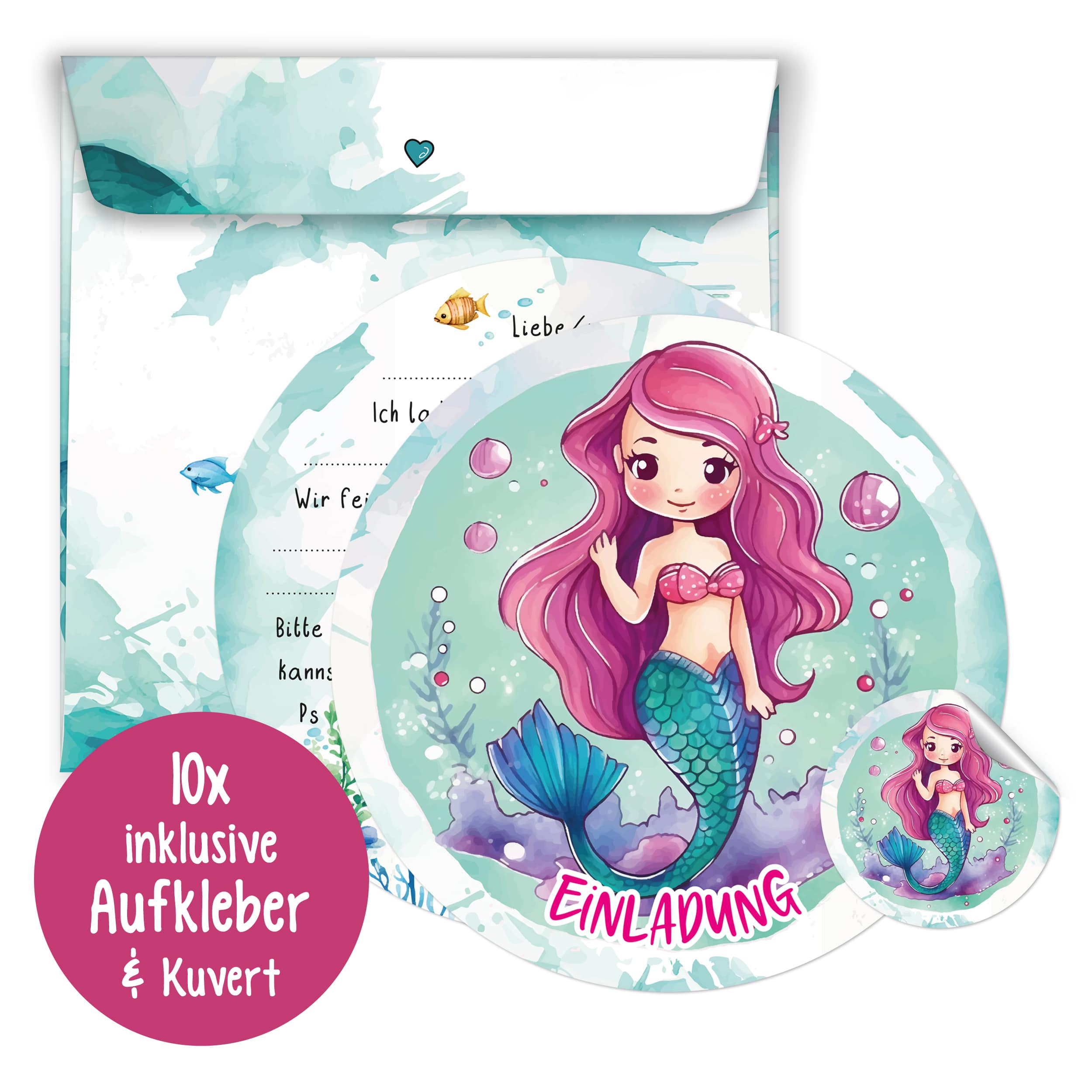 Einladungskarten Meerjungfrau inkl. Sticker 10er Set Einladungskarten Meerjungfrau inkl. Sticker 10er Set
