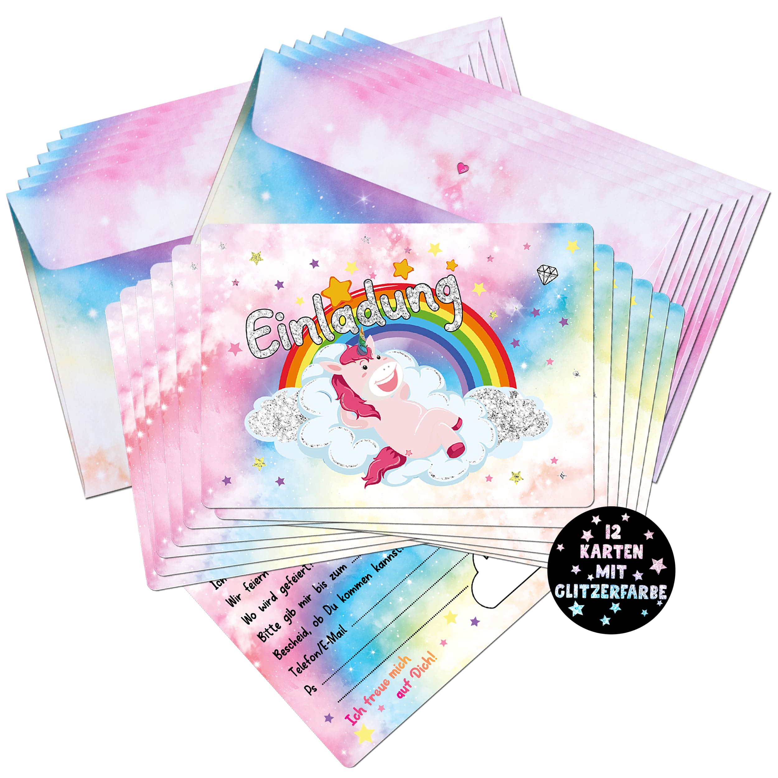 12 Einladungskarten inkl. Umschläge "Einhorn Party"