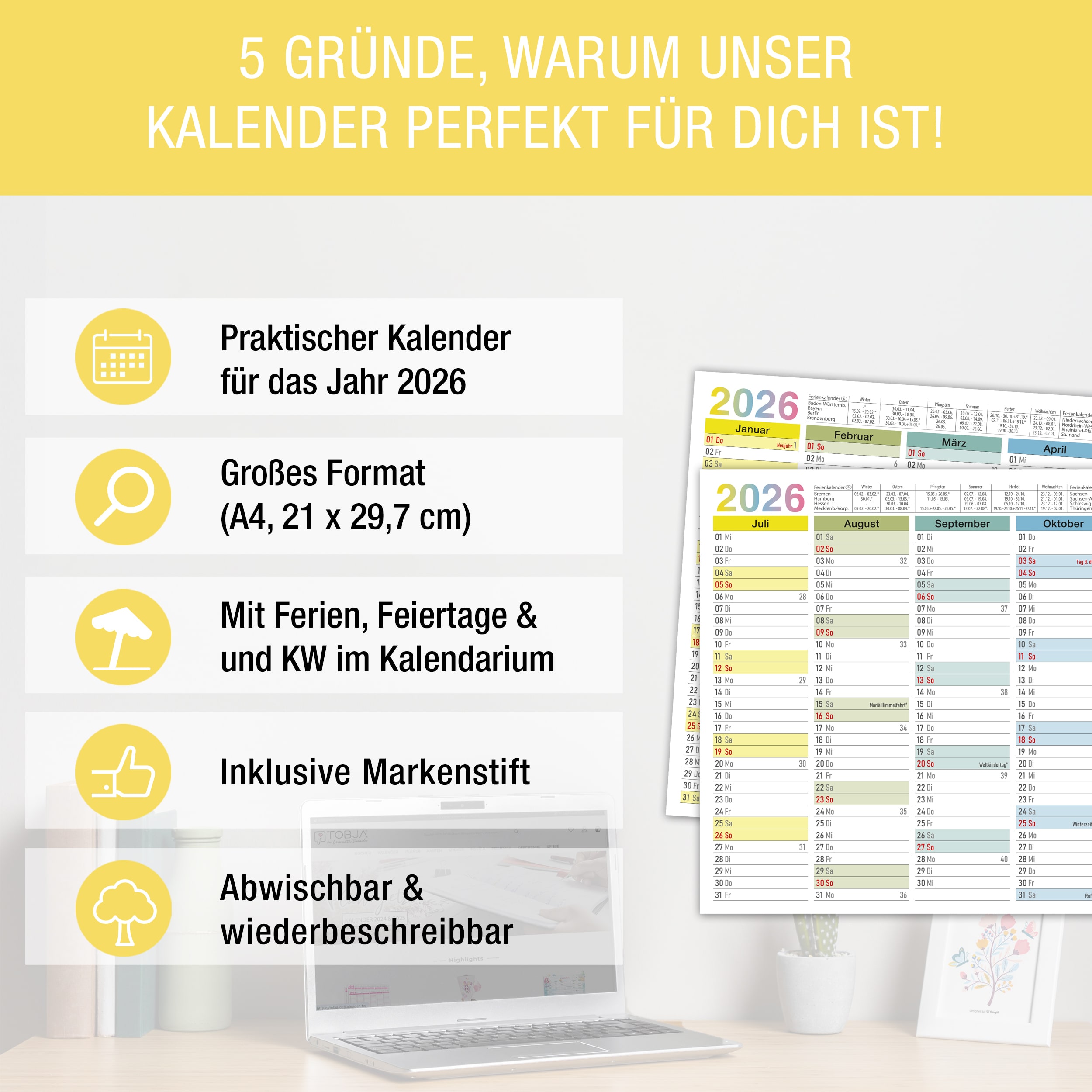 Abwischbarer A4 Tafelkalender 2026 "Bunt"  Kalender inkl 1 Stift
