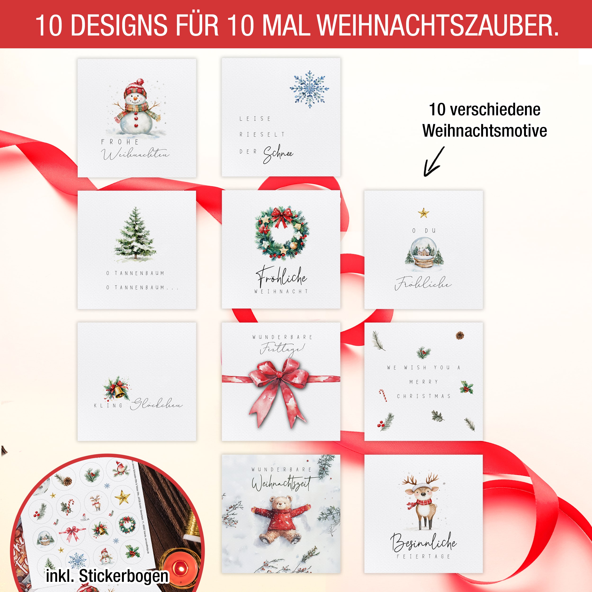 XXL Weihnachtskarten Set inkl. Stickern – 10er Set