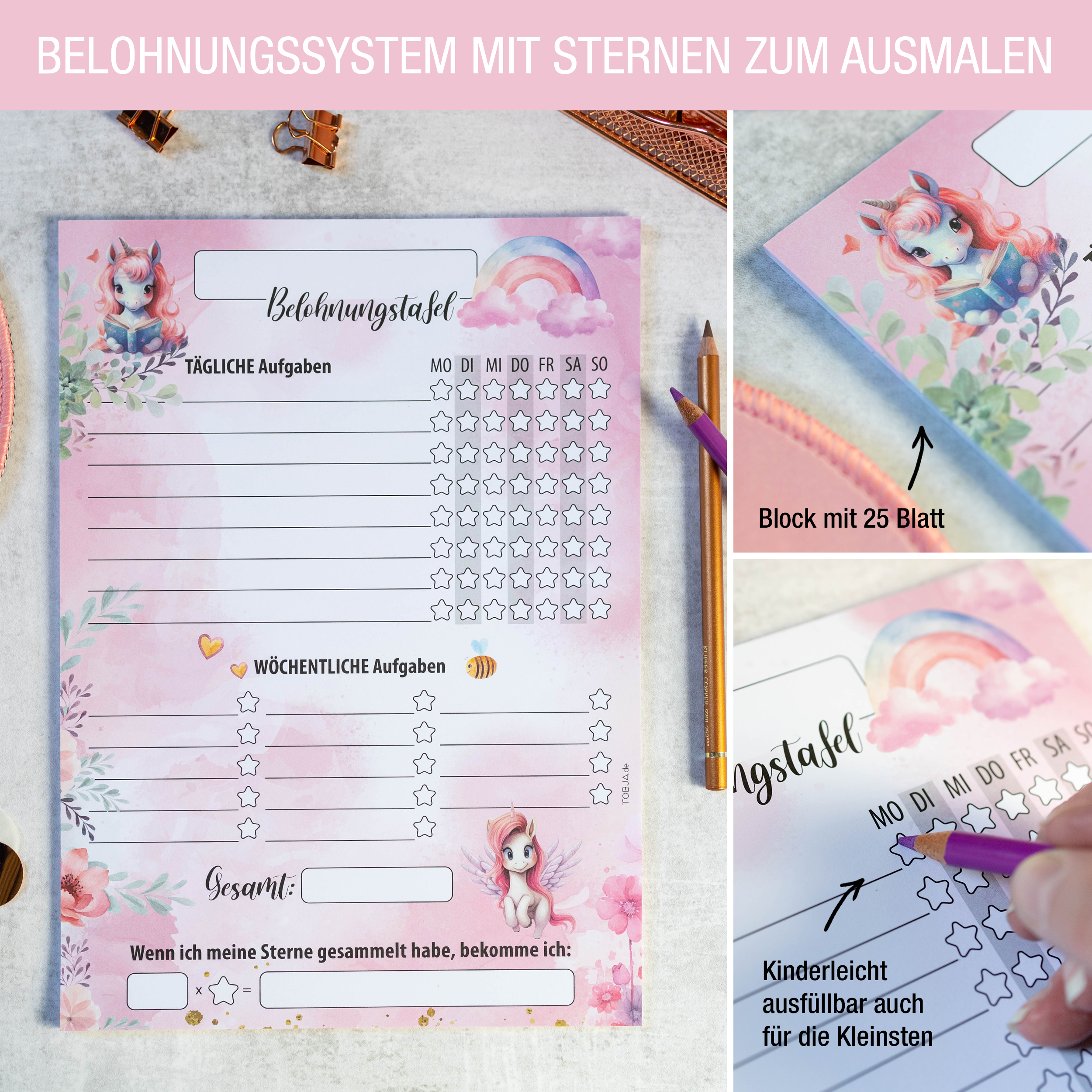 Belohnungstafel Kinder 25 Blatt Einhorn
