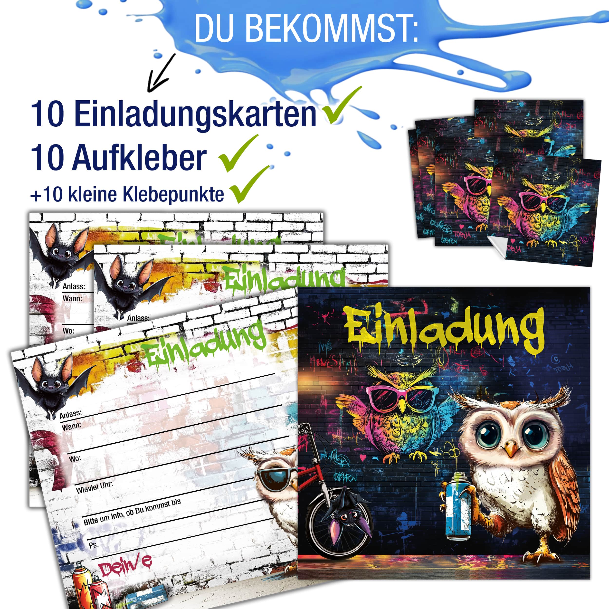 Einladungskarten Eule Graffiti inkl. Sticker 10er Set Einladungskarten Eule Graffiti inkl. Sticker 10er Set