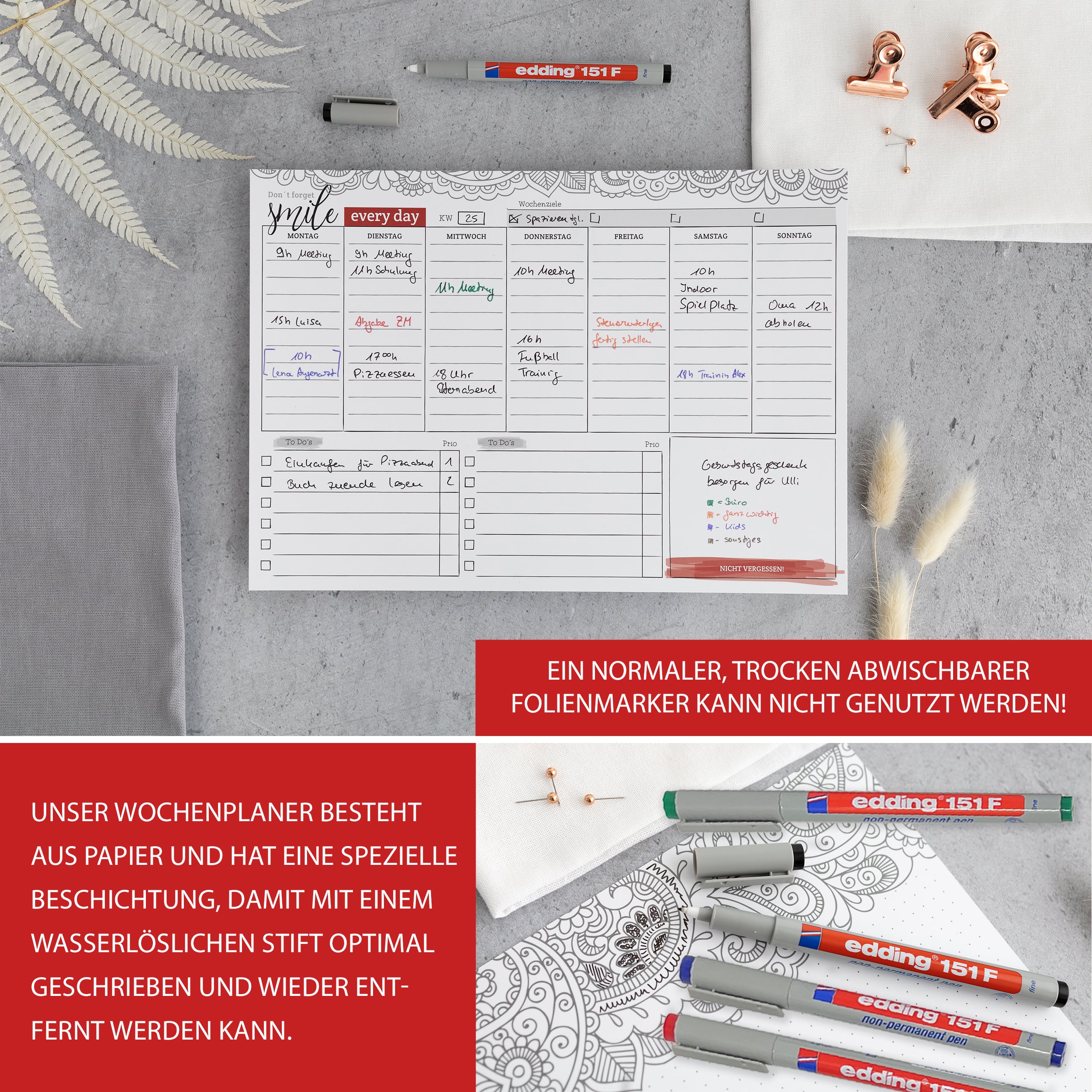 Abwischbarer Wochenplaner inkl 4 Stifte Abwischbarer Wochenplaner inkl 4 Stifte