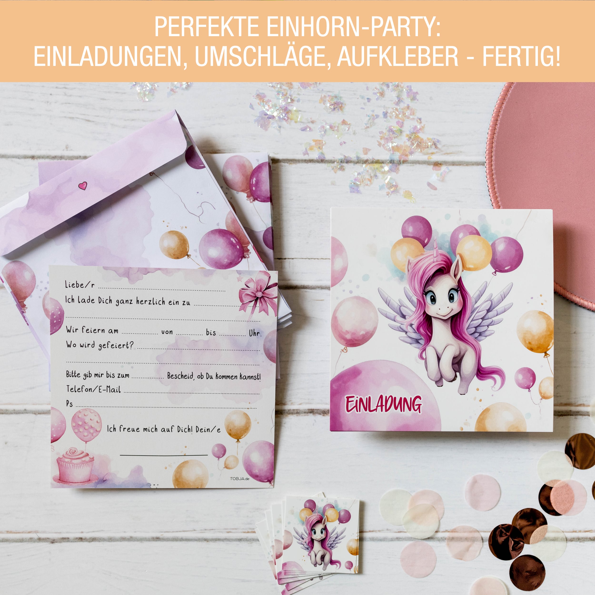 Einladungskarten Einhorn inkl. Sticker 10er Set