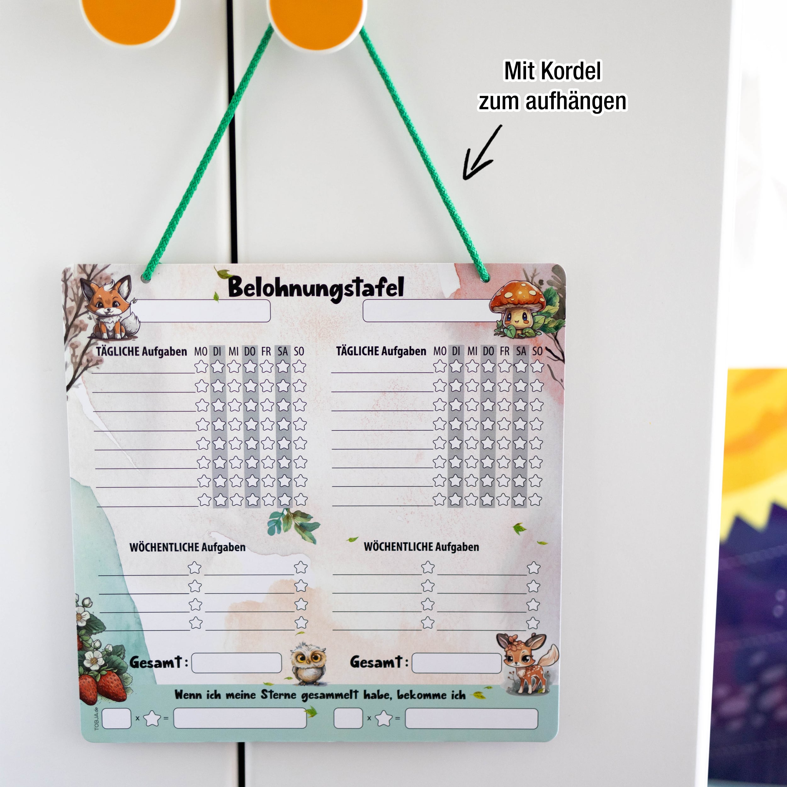 Belohnungstafel Quadratisch Waldtiere inkl. 4 Stifte mit Kordel