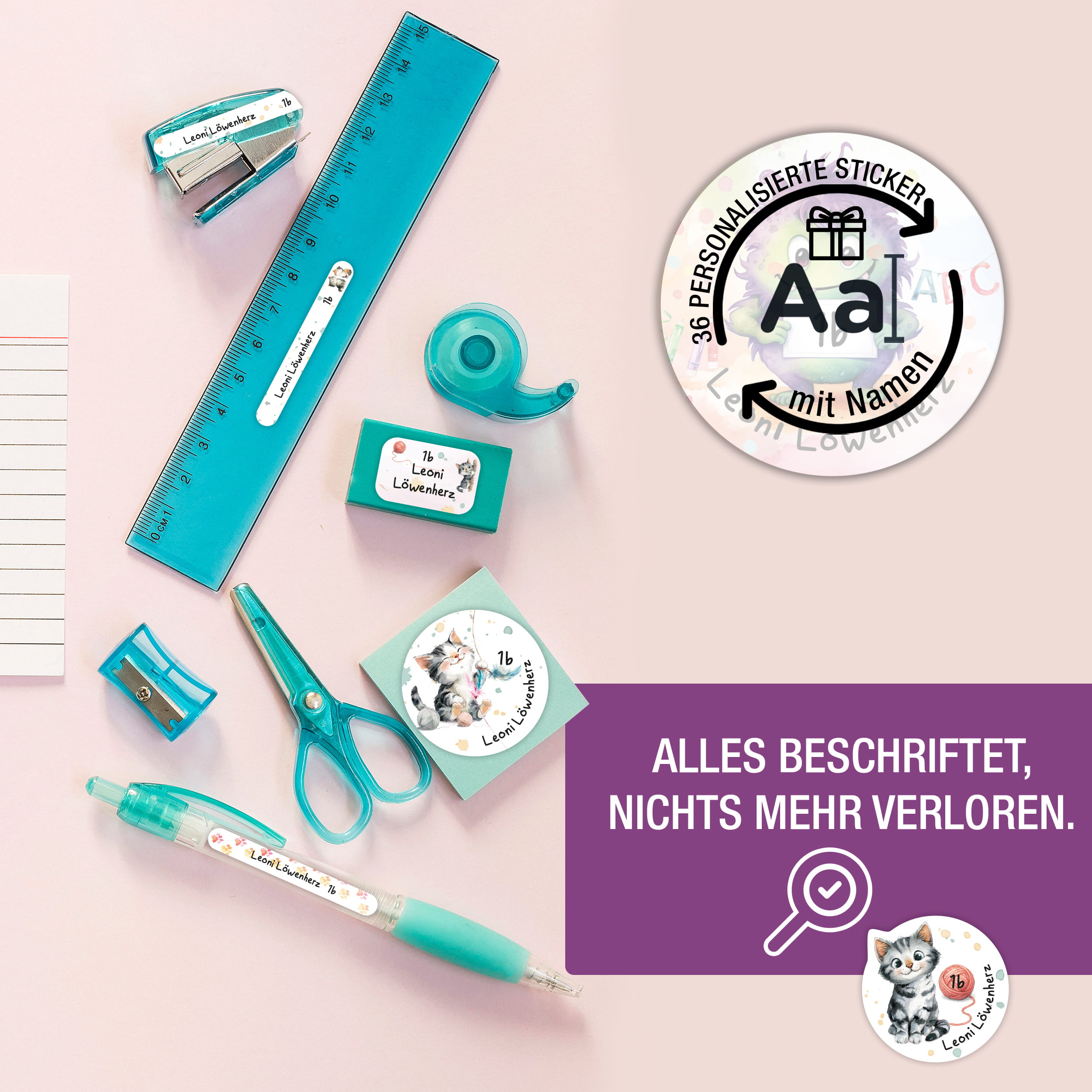 Namensaufkleber Kinder Schule personalisiert Katze