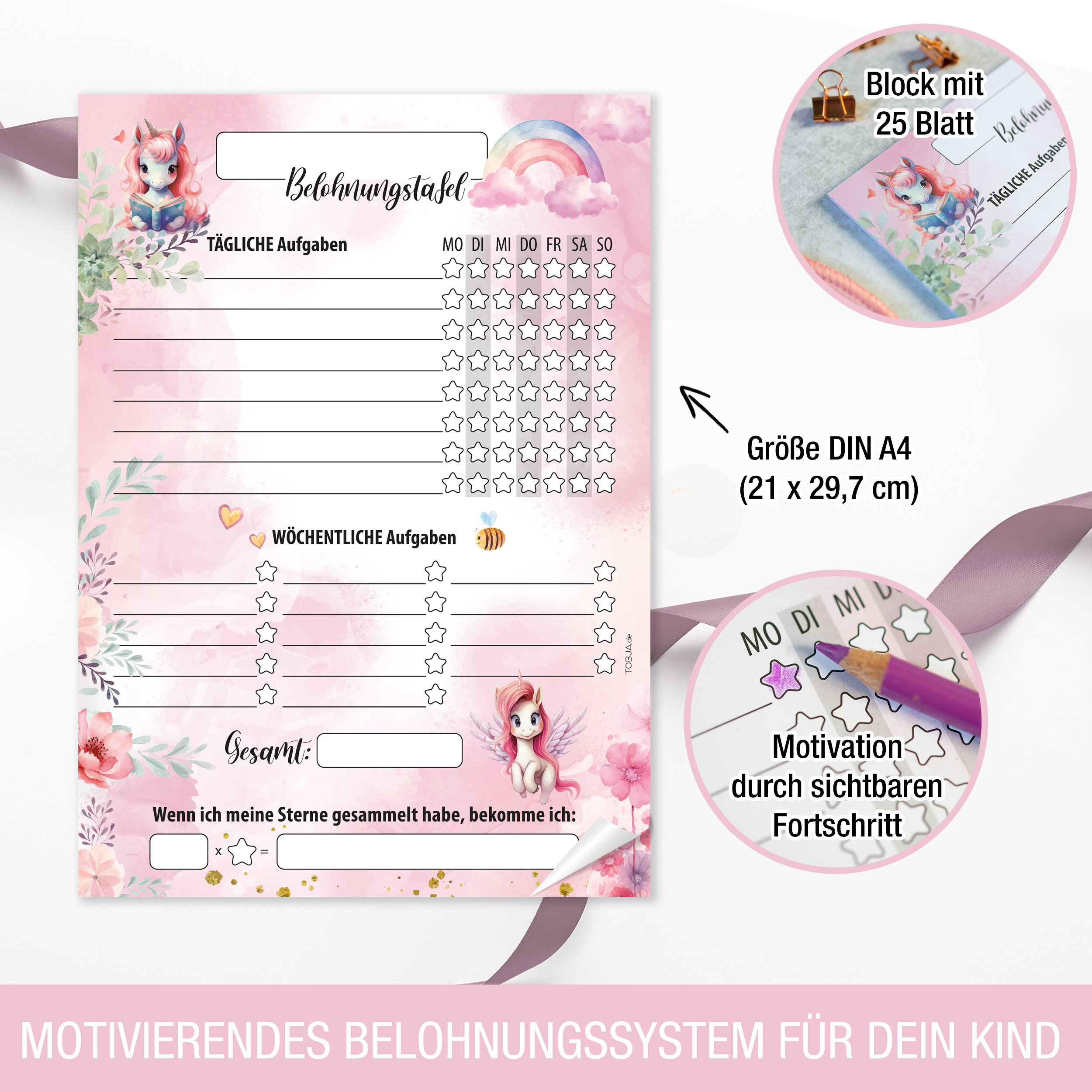 Belohnungstafel Kinder 25 Blatt Einhorn