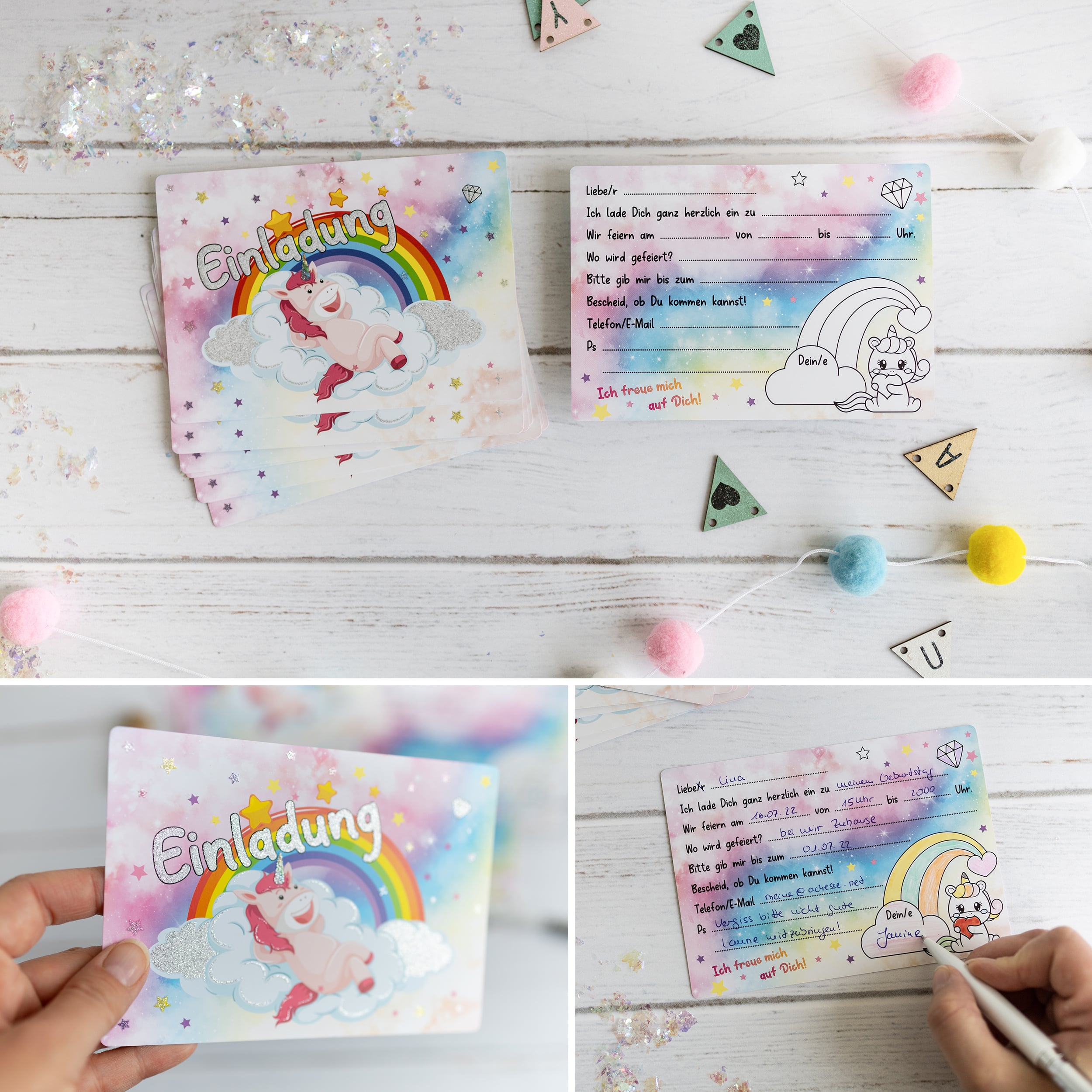 12 Einladungskarten Kindergeburtstag "Glitzer Einhorn"