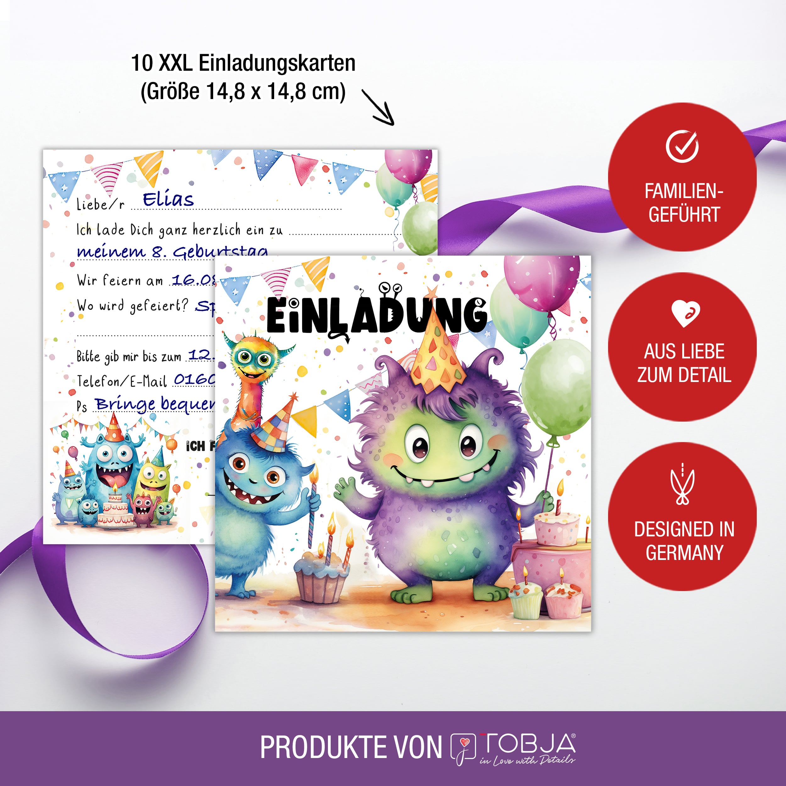 Einladungskarten Monster inkl. Sticker 10er Set