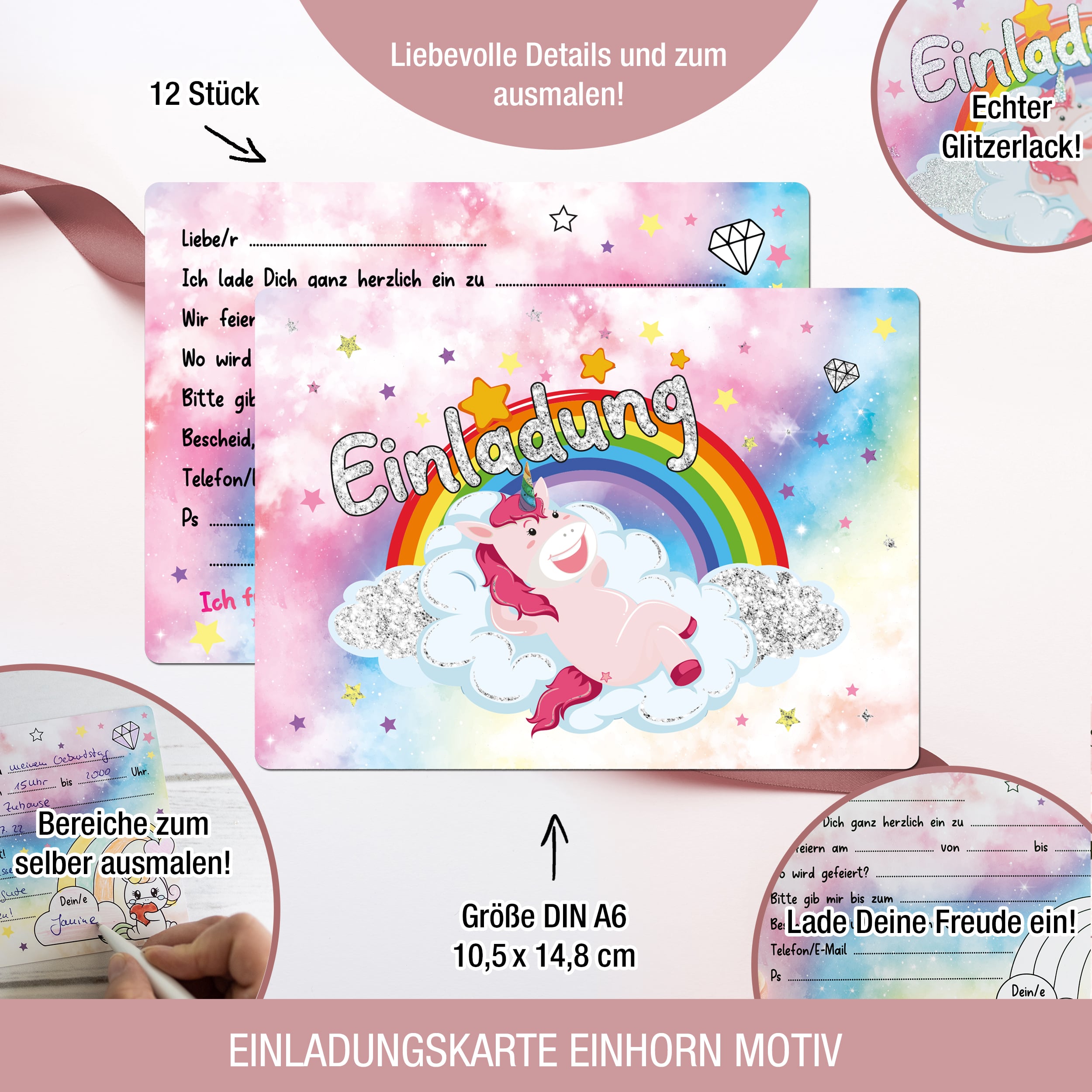 12 Einladungskarten Kindergeburtstag "Glitzer Einhorn"
