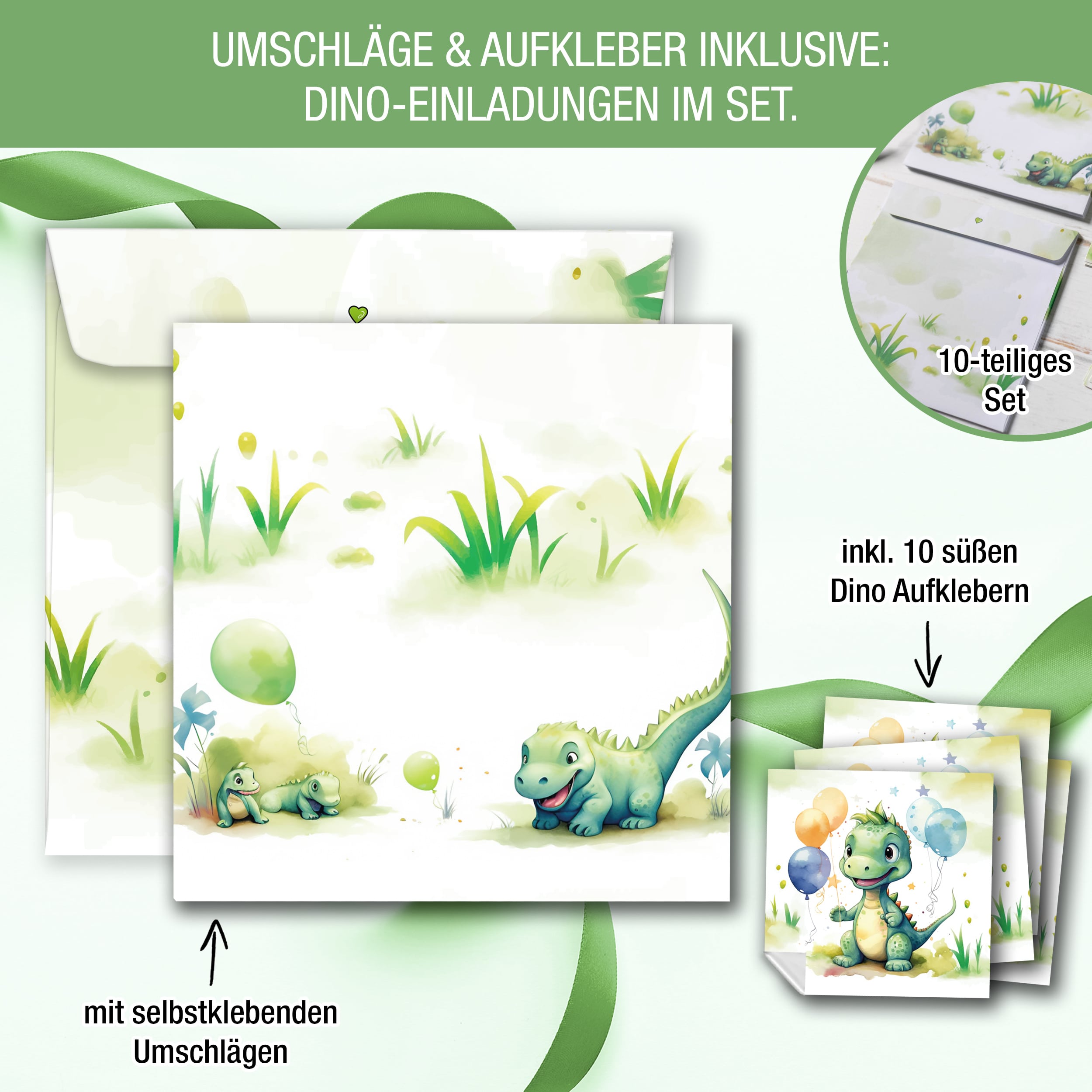 Einladungskarten Dino inkl. Sticker 10er Set Einladungskarten Dino inkl. Sticker 10er Set