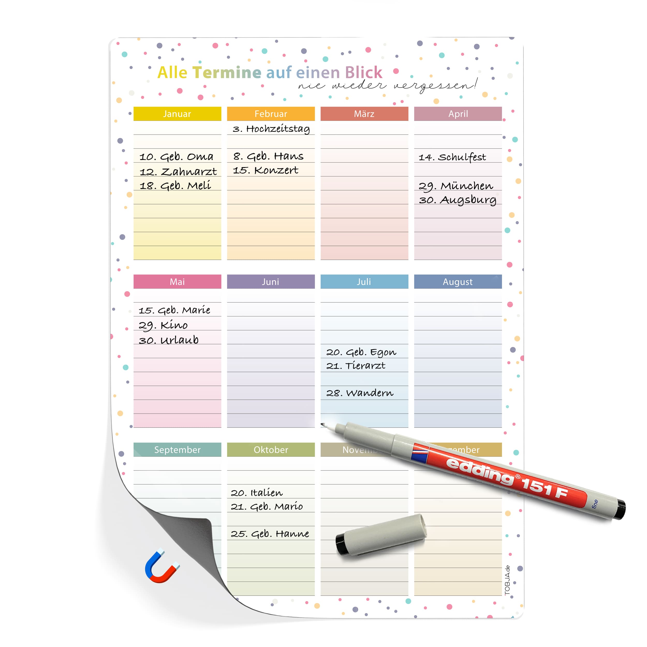 A4 Immerwährender Geburtstagskalender Dots magnetisch [inkl oder ohne Stift] abwischbar