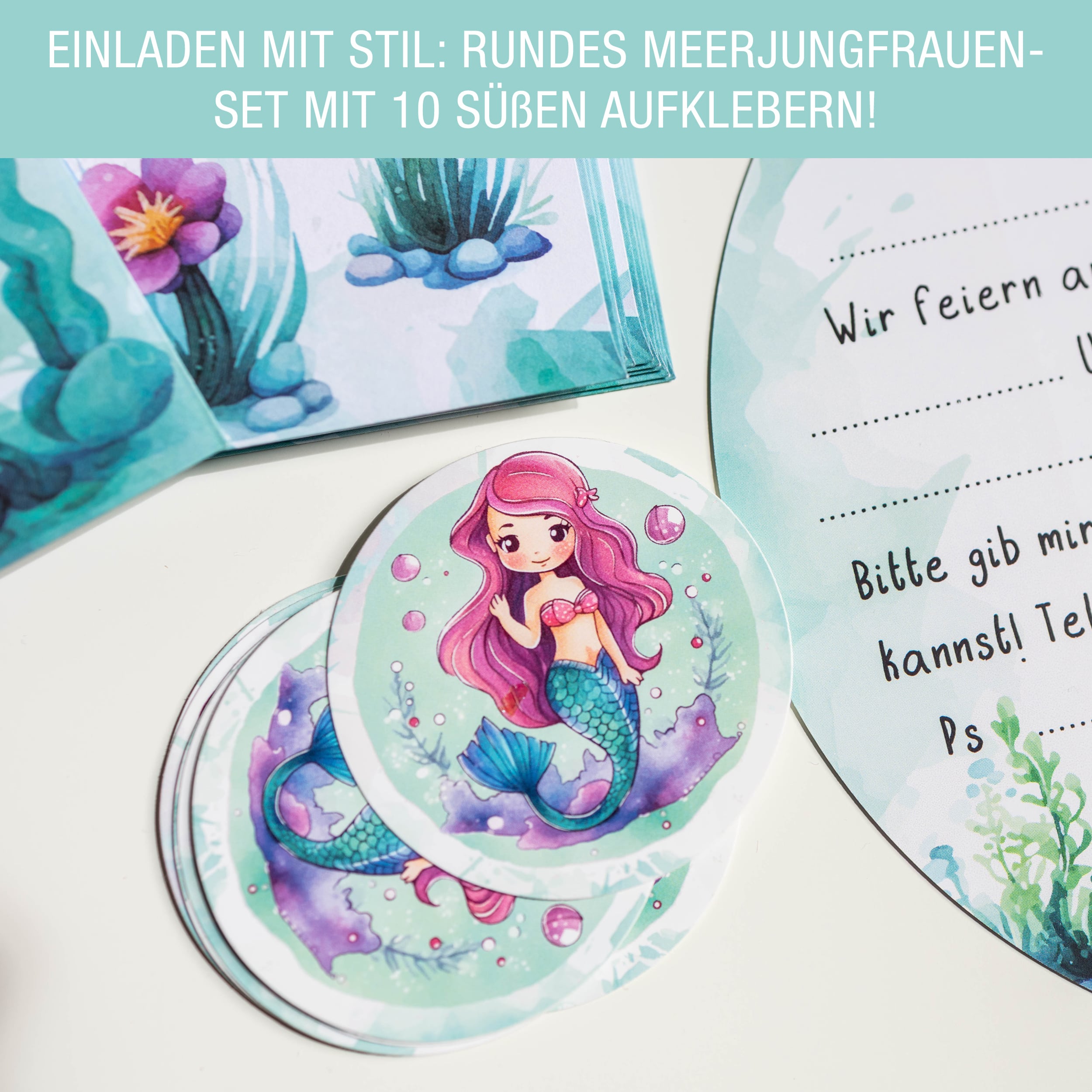 Einladungskarten Meerjungfrau inkl. Sticker 10er Set Einladungskarten Meerjungfrau inkl. Sticker 10er Set