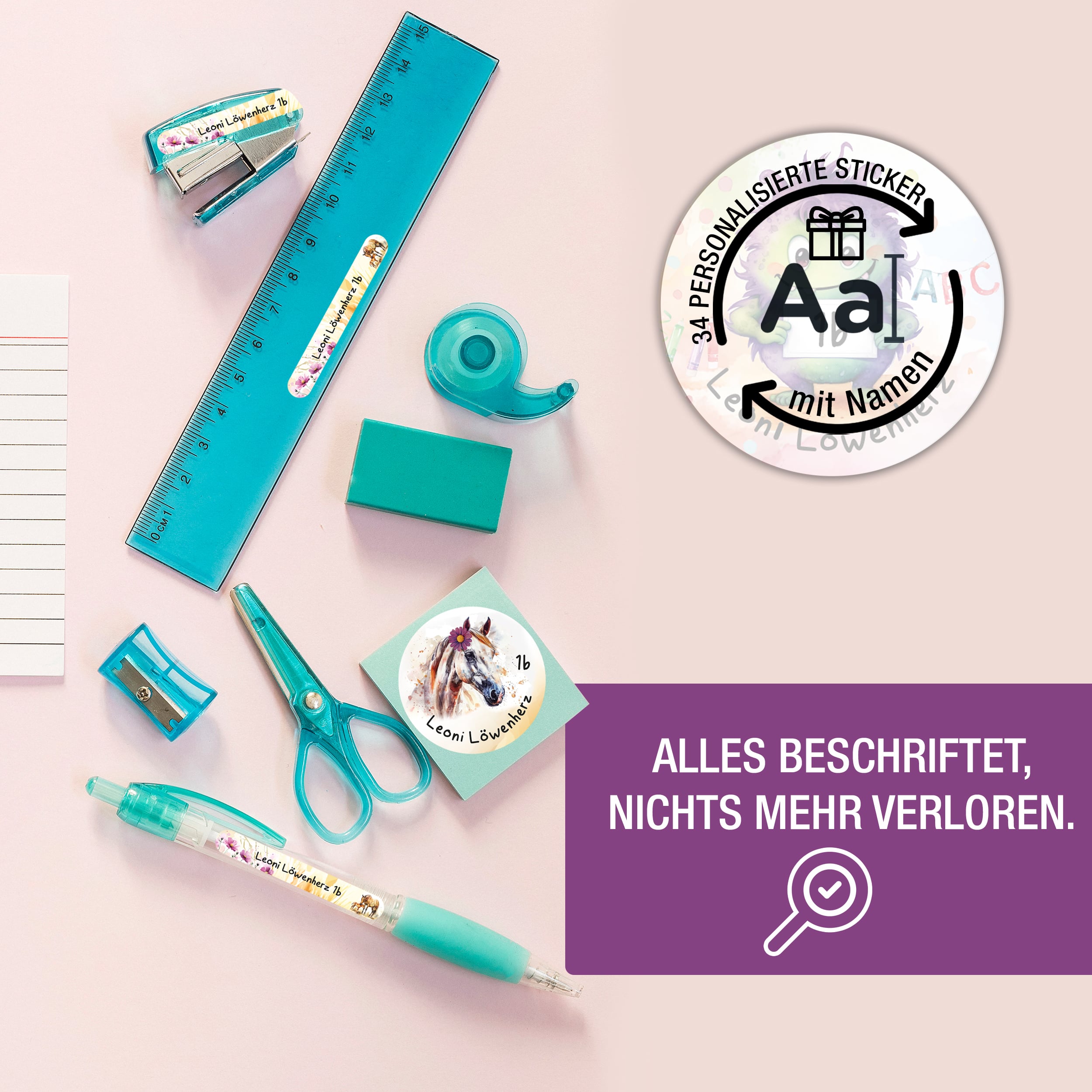 Sticker Set Pferd Grundschule personalisiert Name