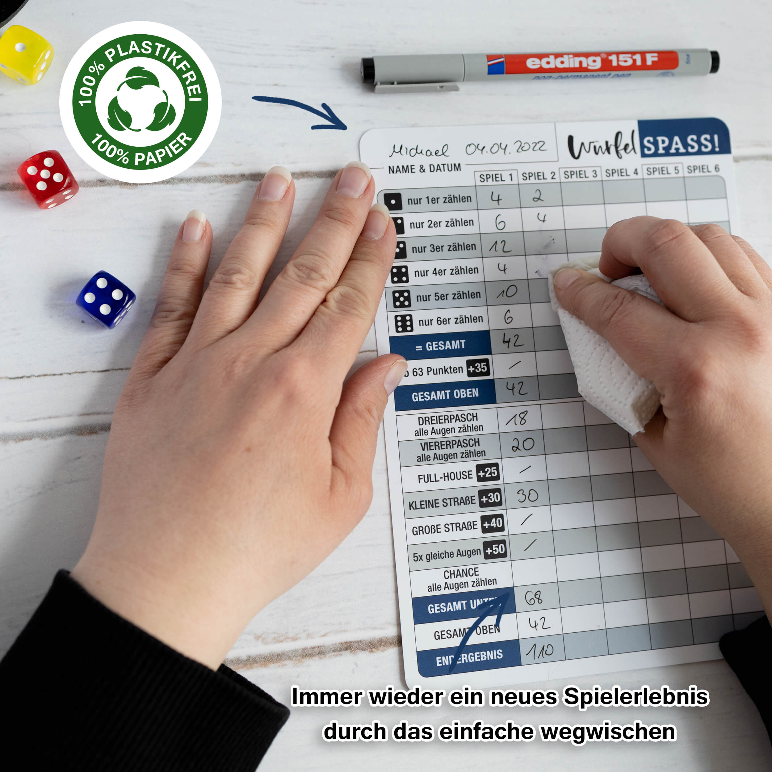 Würfelspiel 5er Set abwischbar "re-use"