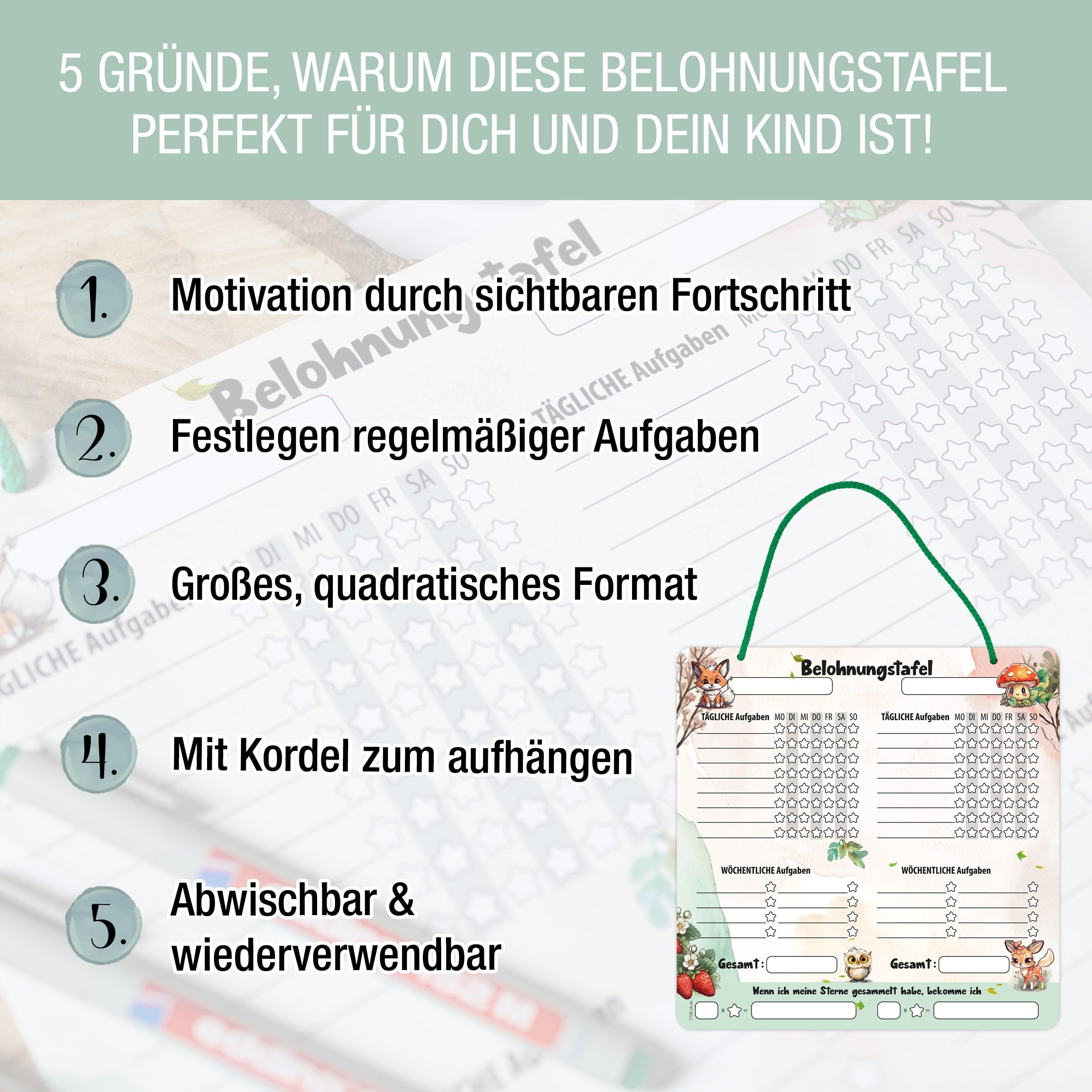 Belohnungstafel Quadratisch Waldtiere mit Kordel Belohnungstafel Quadratisch Waldtiere mit Kordel