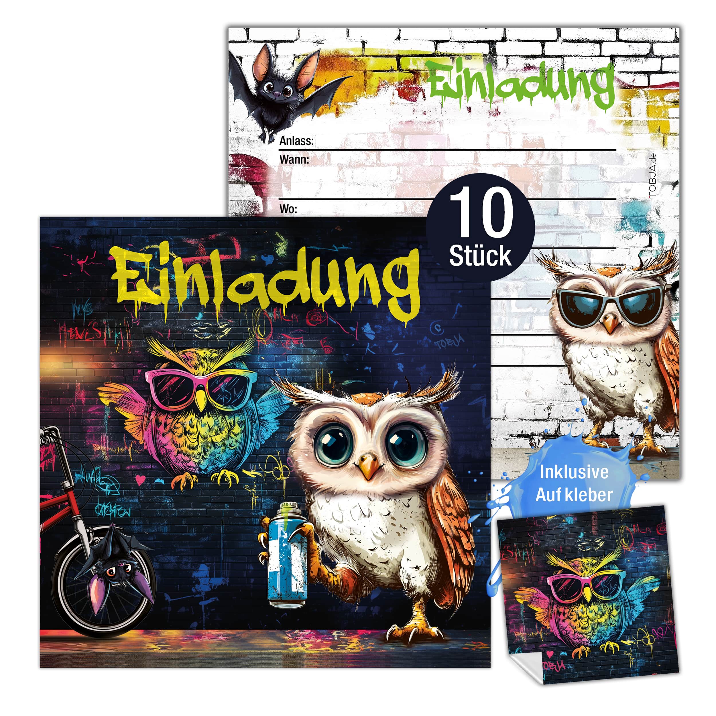 Einladungskarten Eule Graffiti inkl. Sticker 10er Set